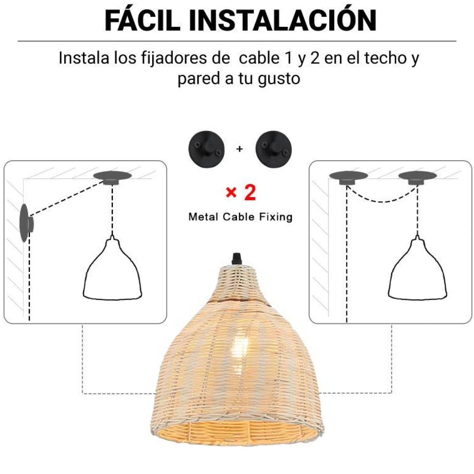 Lámpara colgante mimbre con polea "SASKI"