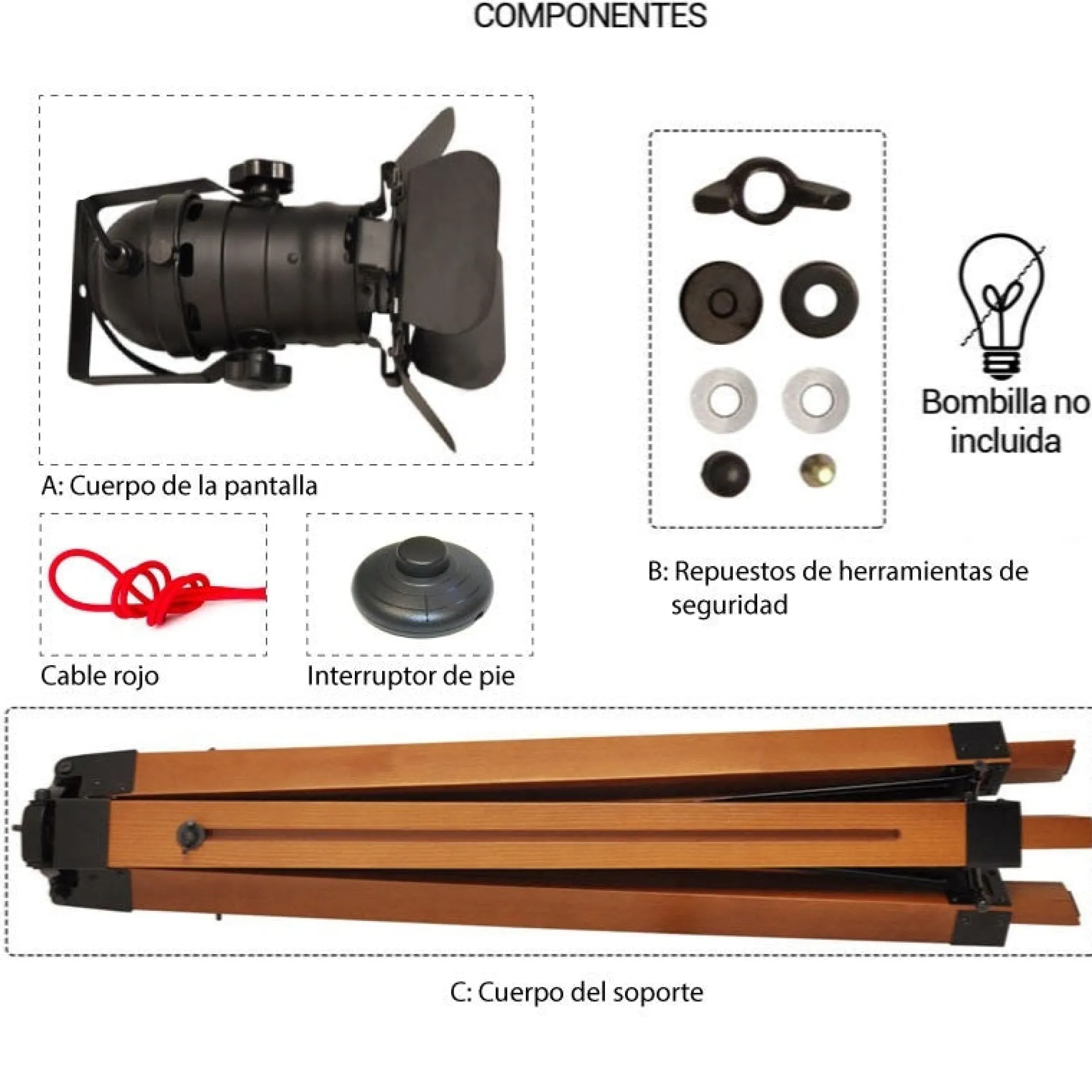 Lámpara de pie vintage con trípode "CINEMA" 139cm