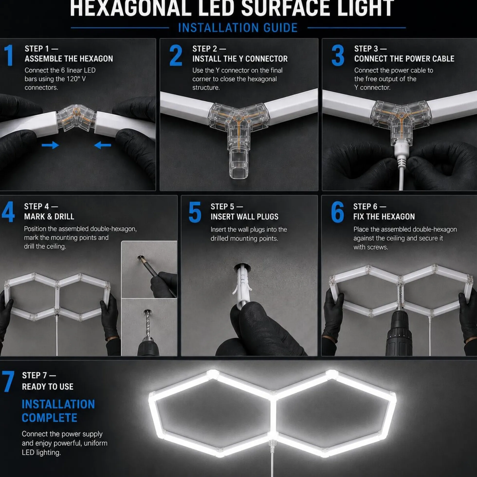 Lámpara LED hexagonal - 6500K - 2 hexágonos - 440cm