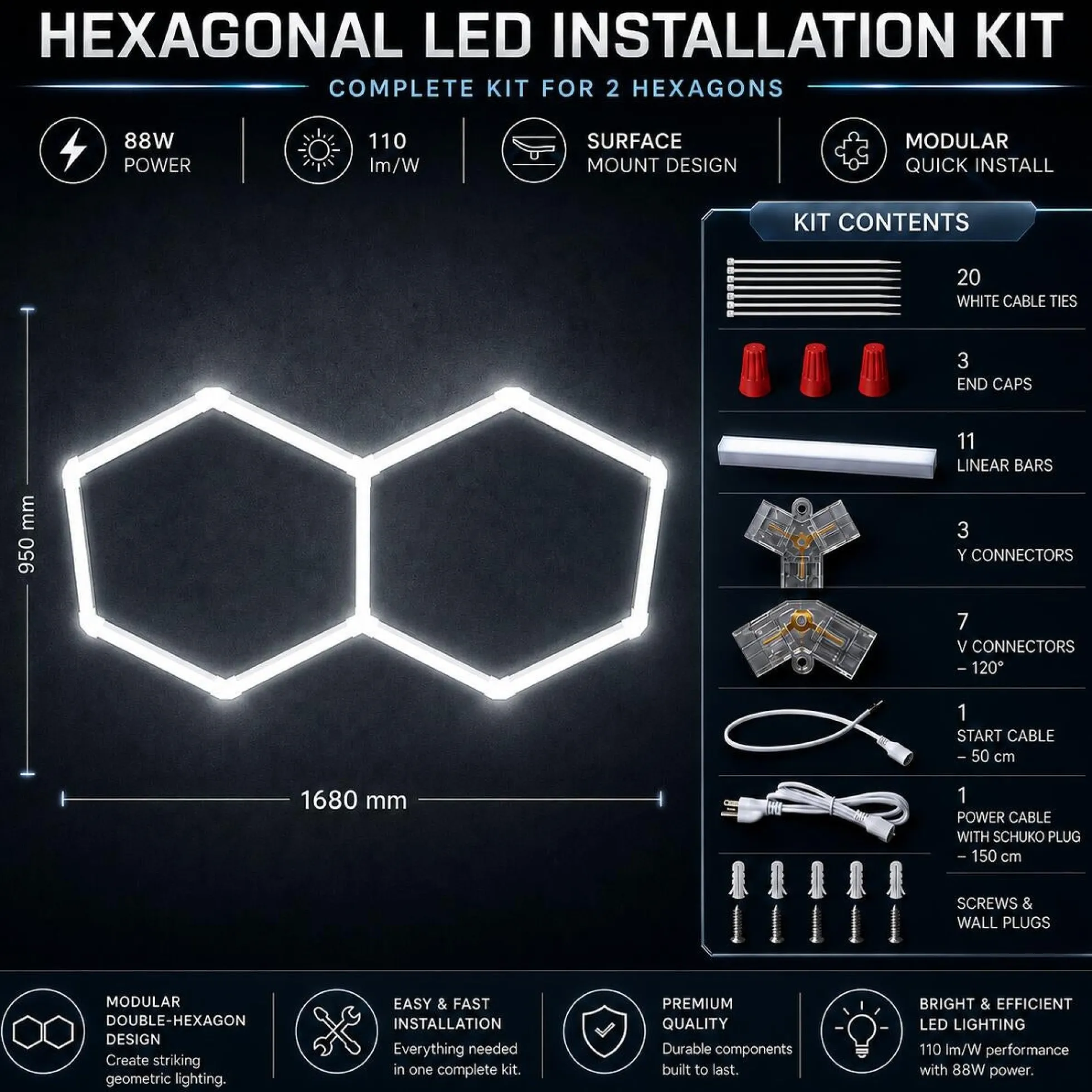 Lámpara LED hexagonal - 6500K - 2 hexágonos - 440cm