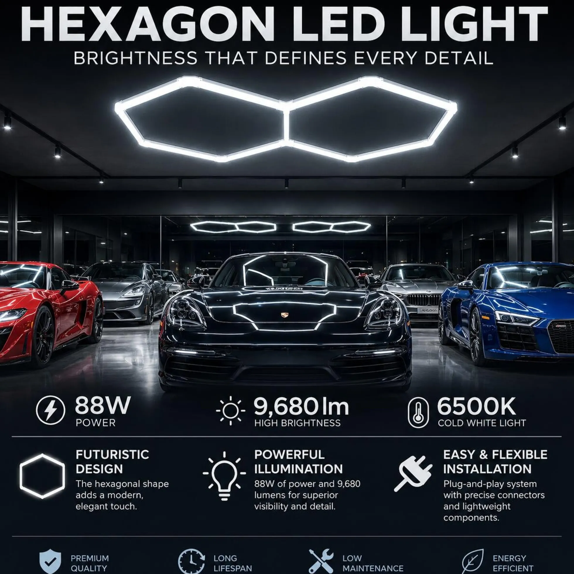 Lámpara LED hexagonal - 6500K - 2 hexágonos - 440cm