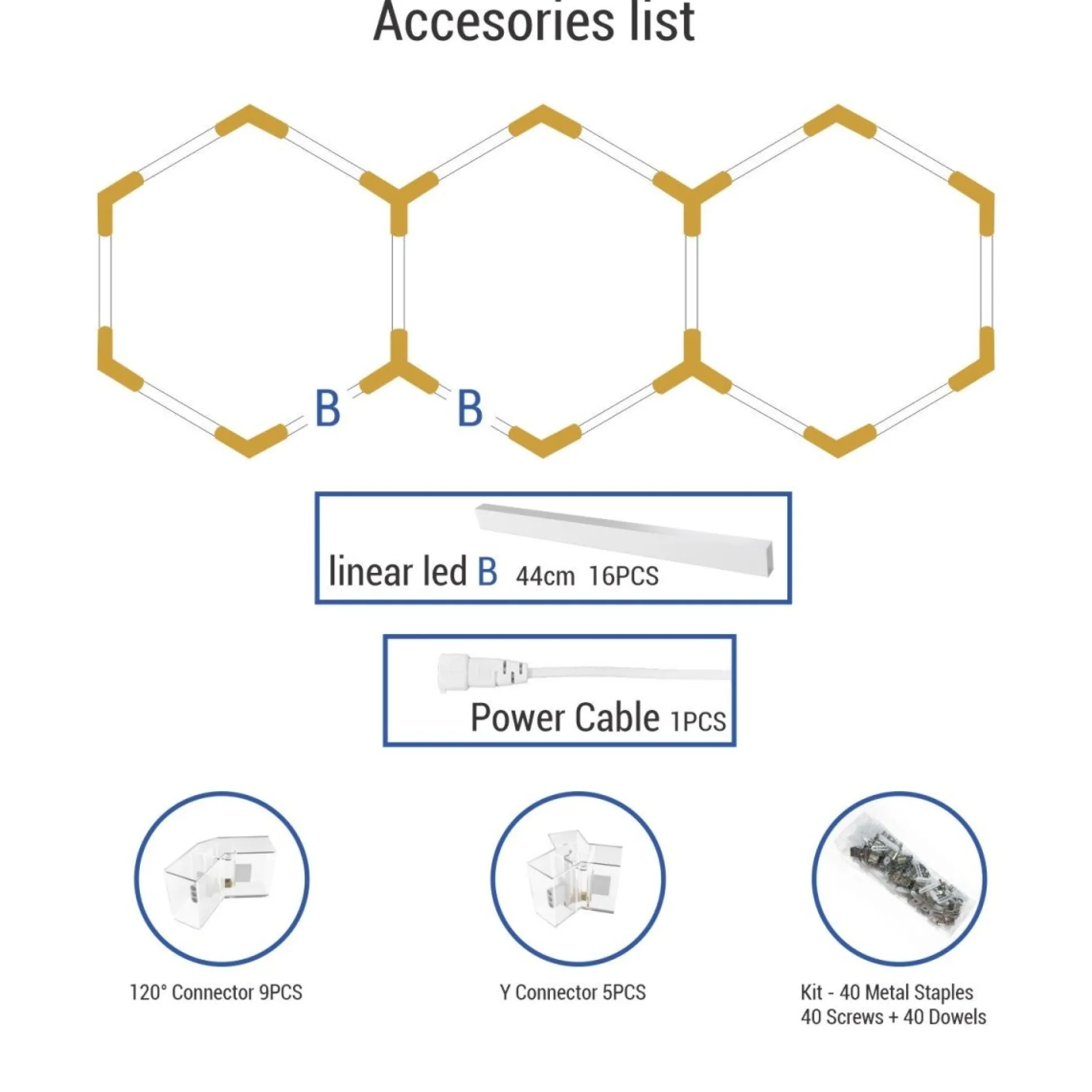Lámpara LED hexagonal - 6500K - 3 hexágonos - 44cm
