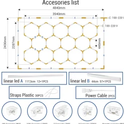 Lámpara LED hexagonal - 6500K - 14 hexágonos + Rectángulo 5m