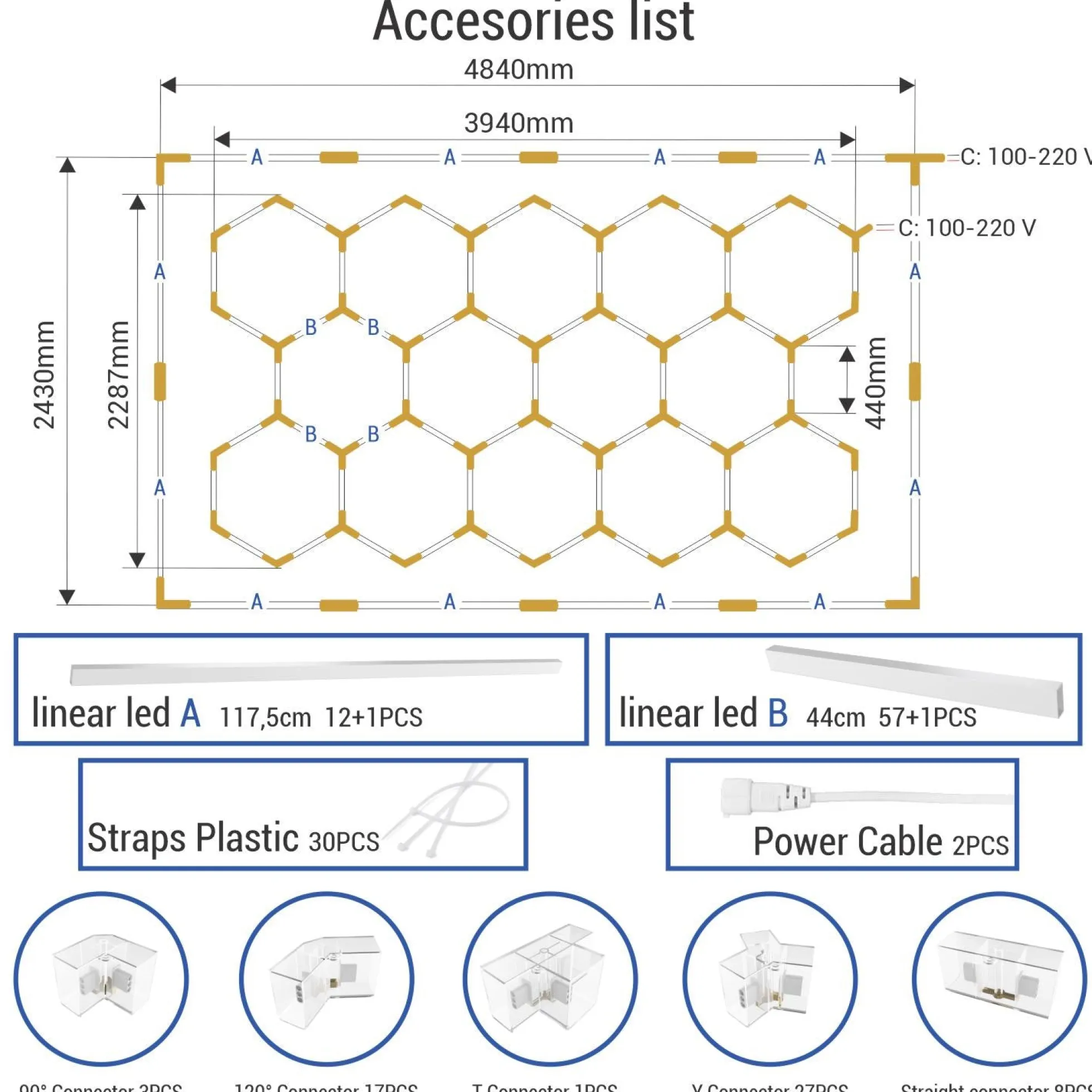 Lámpara LED hexagonal - 6500K - 14 hexágonos + Rectángulo 5m