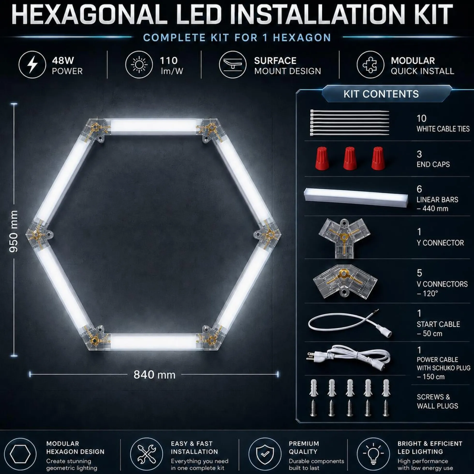 Lámpara LED hexagonal - 6500K - 1 hexágono - 440cm