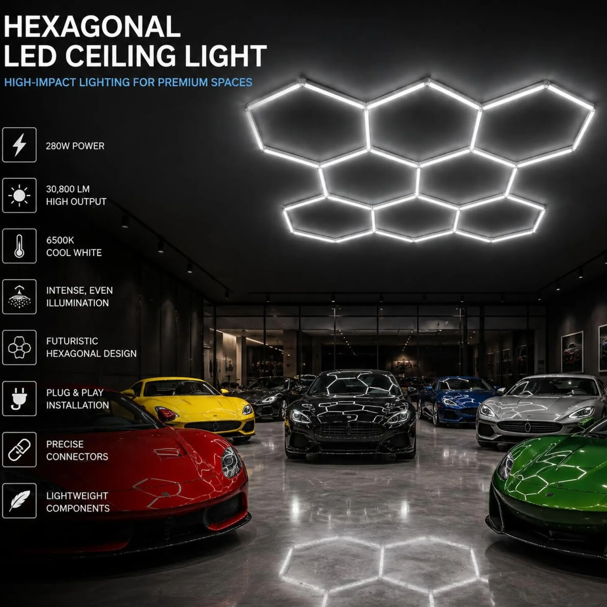 Lámpara LED hexagonal - 6500K - 8 hexágonos - 440cm