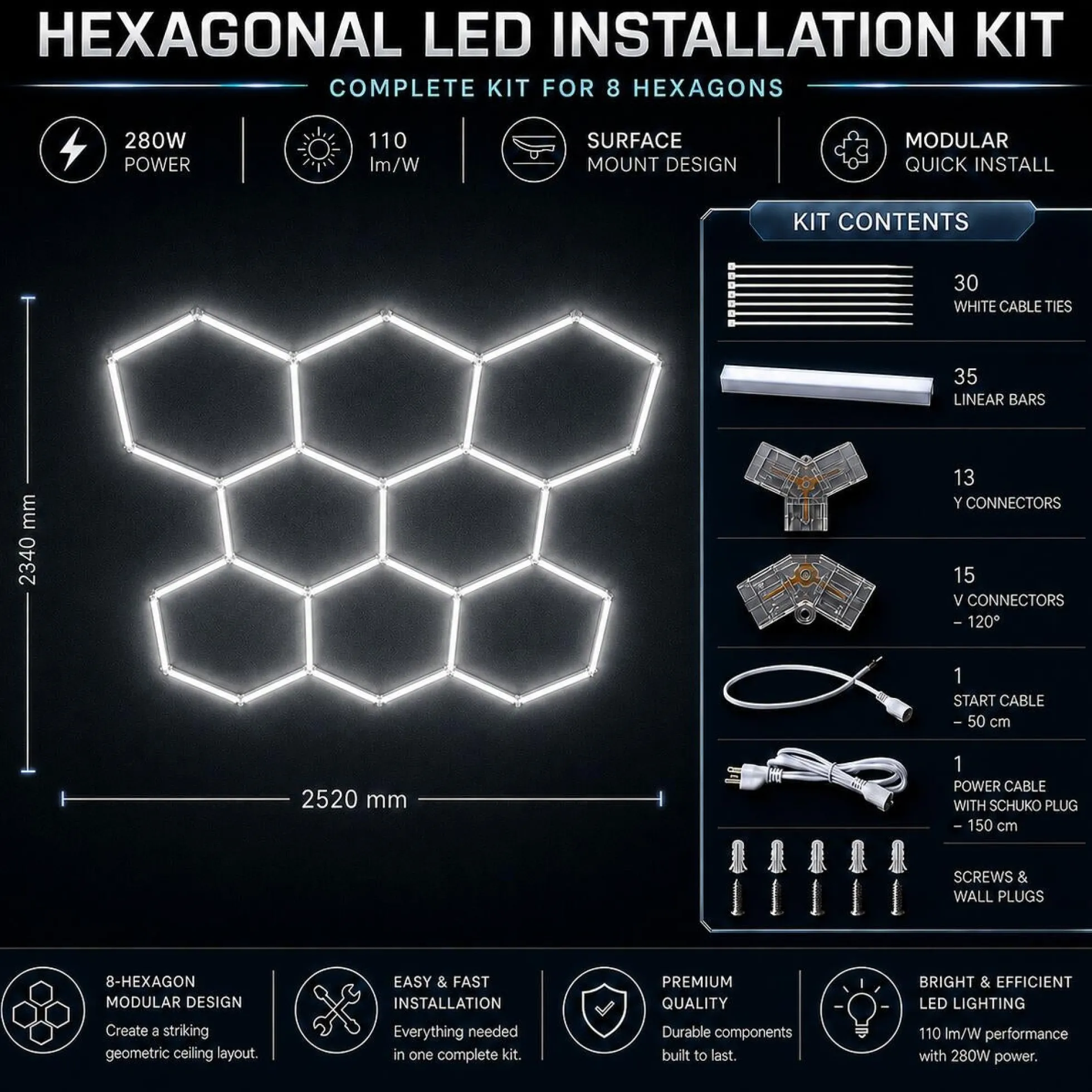 Lámpara LED hexagonal - 6500K - 8 hexágonos - 440cm