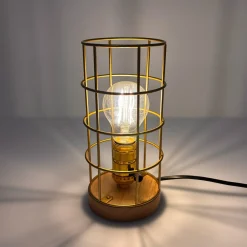 Lámpara vintage de mesa de estilo industrial madera y rejilla "GREGOR"
