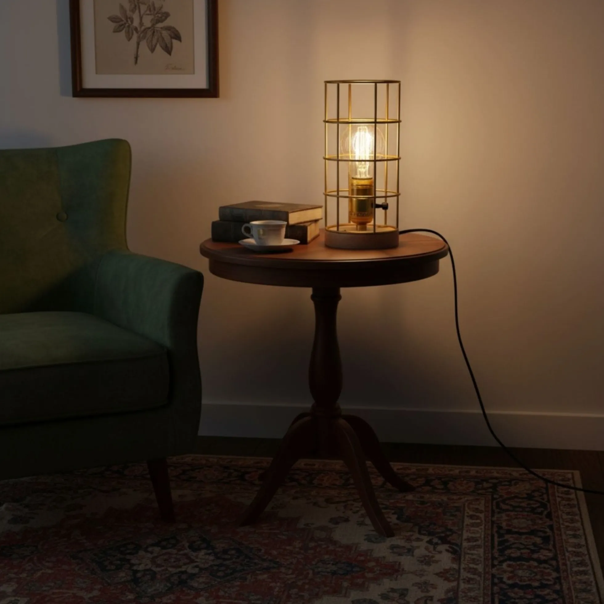 Lámpara vintage de mesa de estilo industrial madera y rejilla "GREGOR"