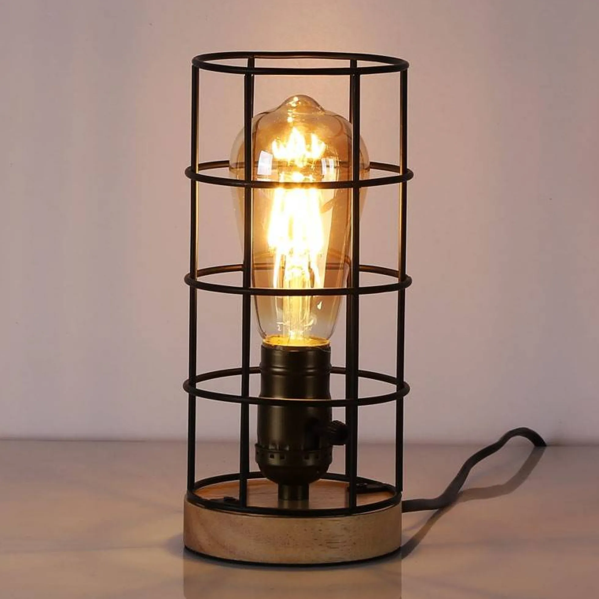 Lámpara vintage de mesa de estilo industrial madera y rejilla "GREGOR"