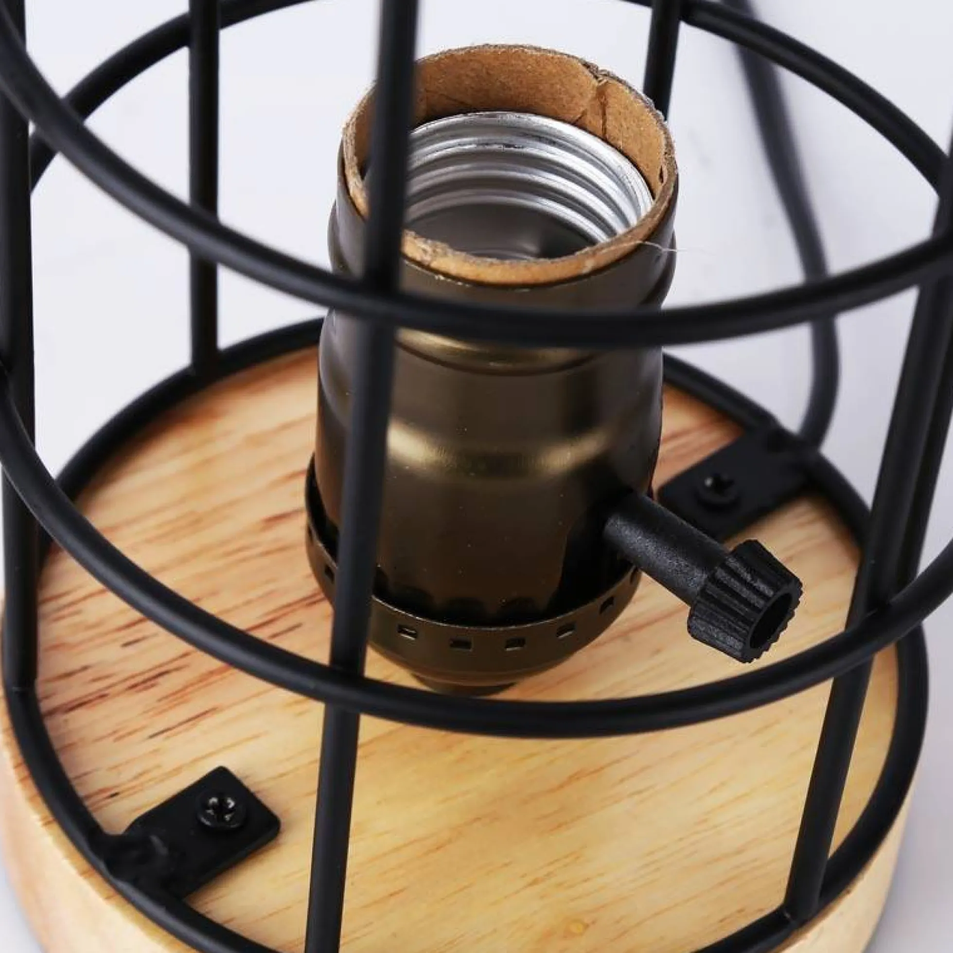 Lámpara vintage de mesa de estilo industrial madera y rejilla "GREGOR"