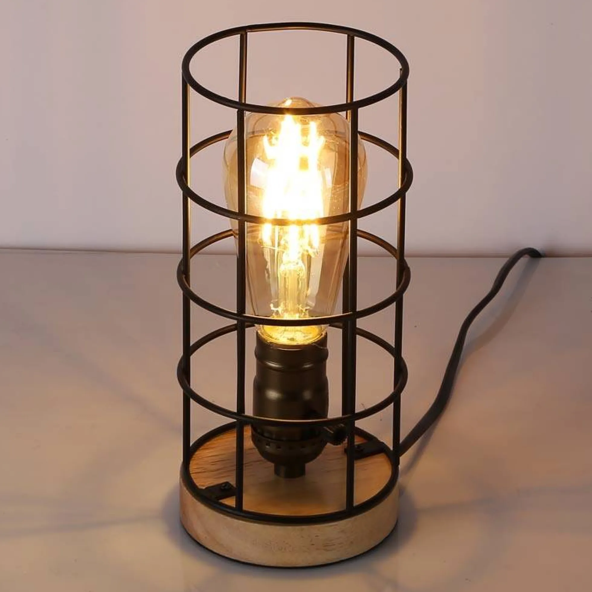 Lámpara vintage de mesa de estilo industrial madera y rejilla "GREGOR"