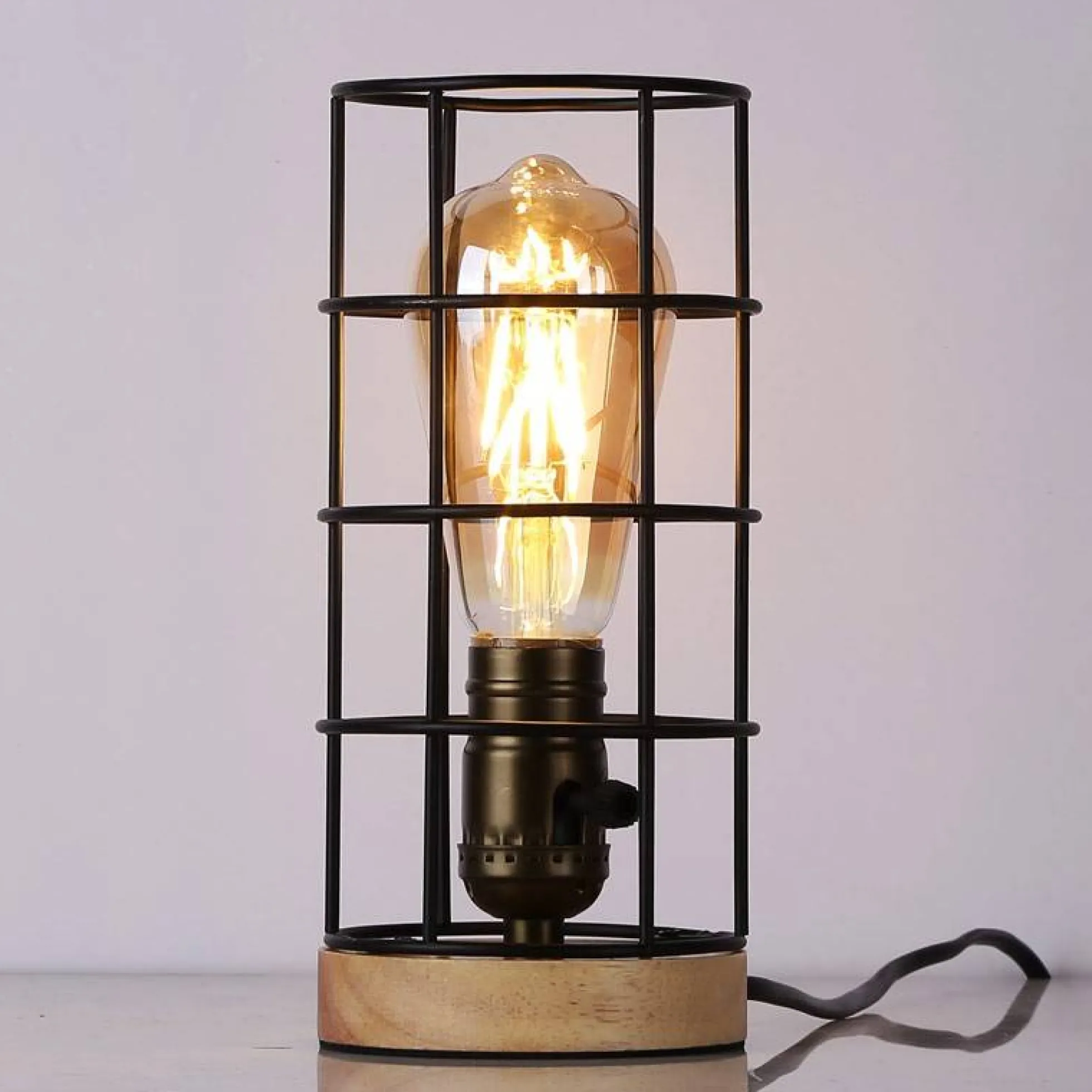 Lámpara vintage de mesa de estilo industrial madera y rejilla "GREGOR"