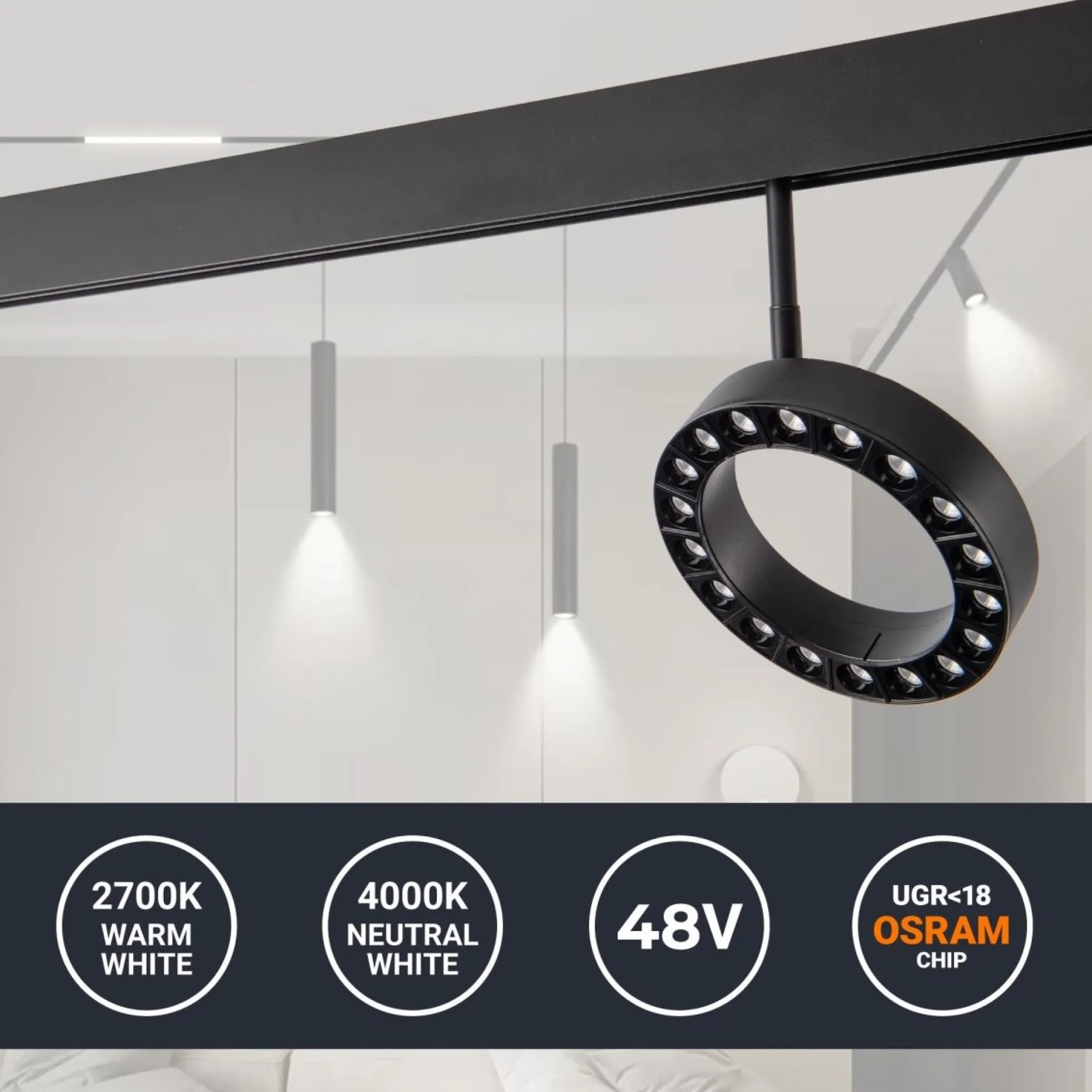 Luminaria circular LED para carril magnético 48V - Ø16cm - 18W - CRI90 - UGR18 - OSRAM