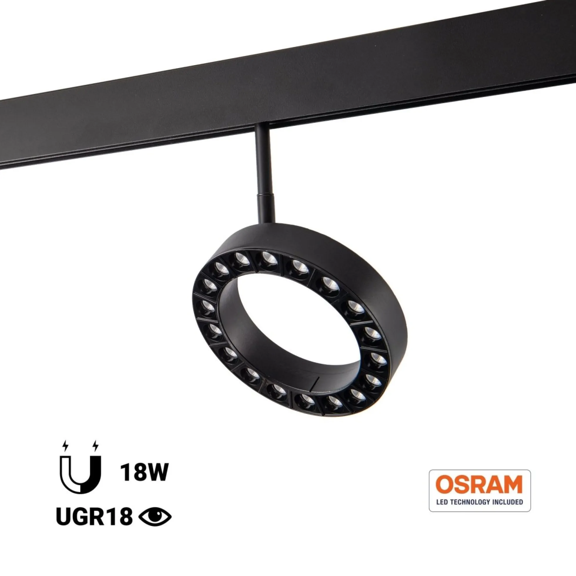 Luminaria circular LED para carril magnético 48V - Ø16cm - 18W - CRI90 - UGR18 - OSRAM