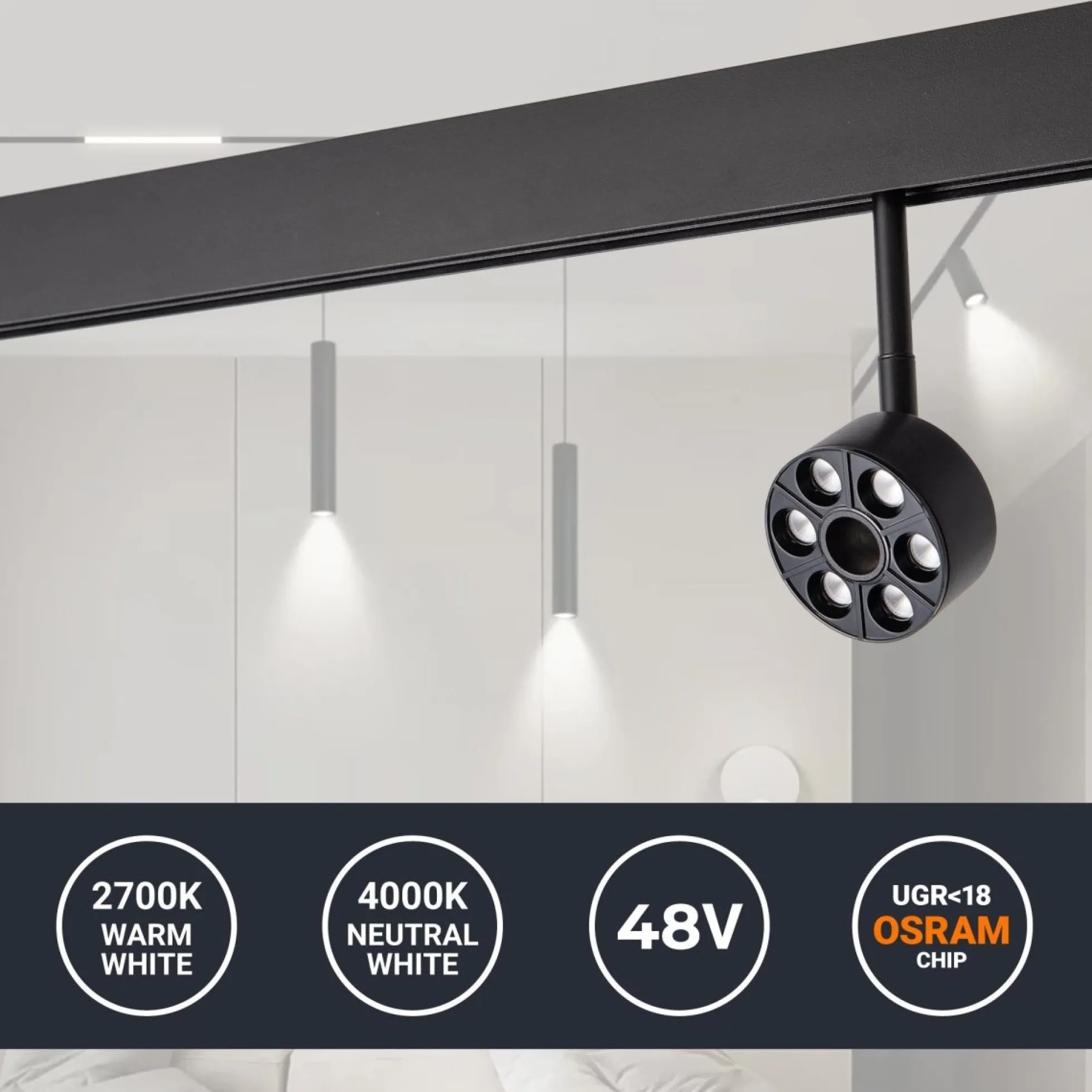 Luminaria circular LED para carril magnético 48V - Ø7cm - 6W - CRI90 - UGR18 - OSRAM