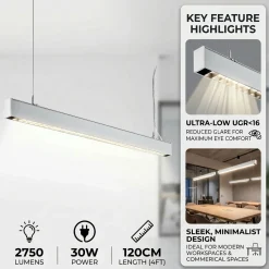 Luminaria  colgante lineal LED 30W 120cm 2750lm de bajo UGR16