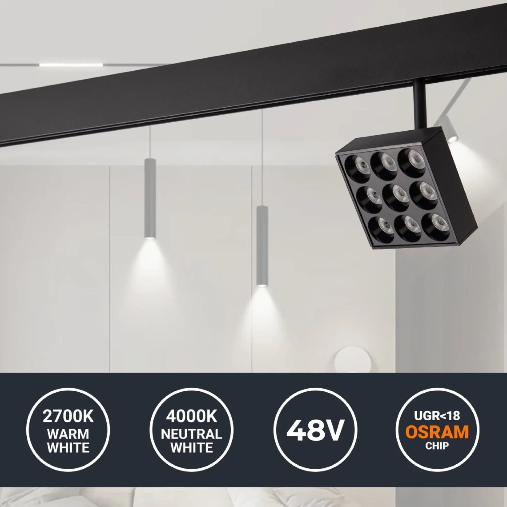 Luminaria cuadrada LED para carril magnético 48V - 9W - CRI90 - UGR18 - OSRAM