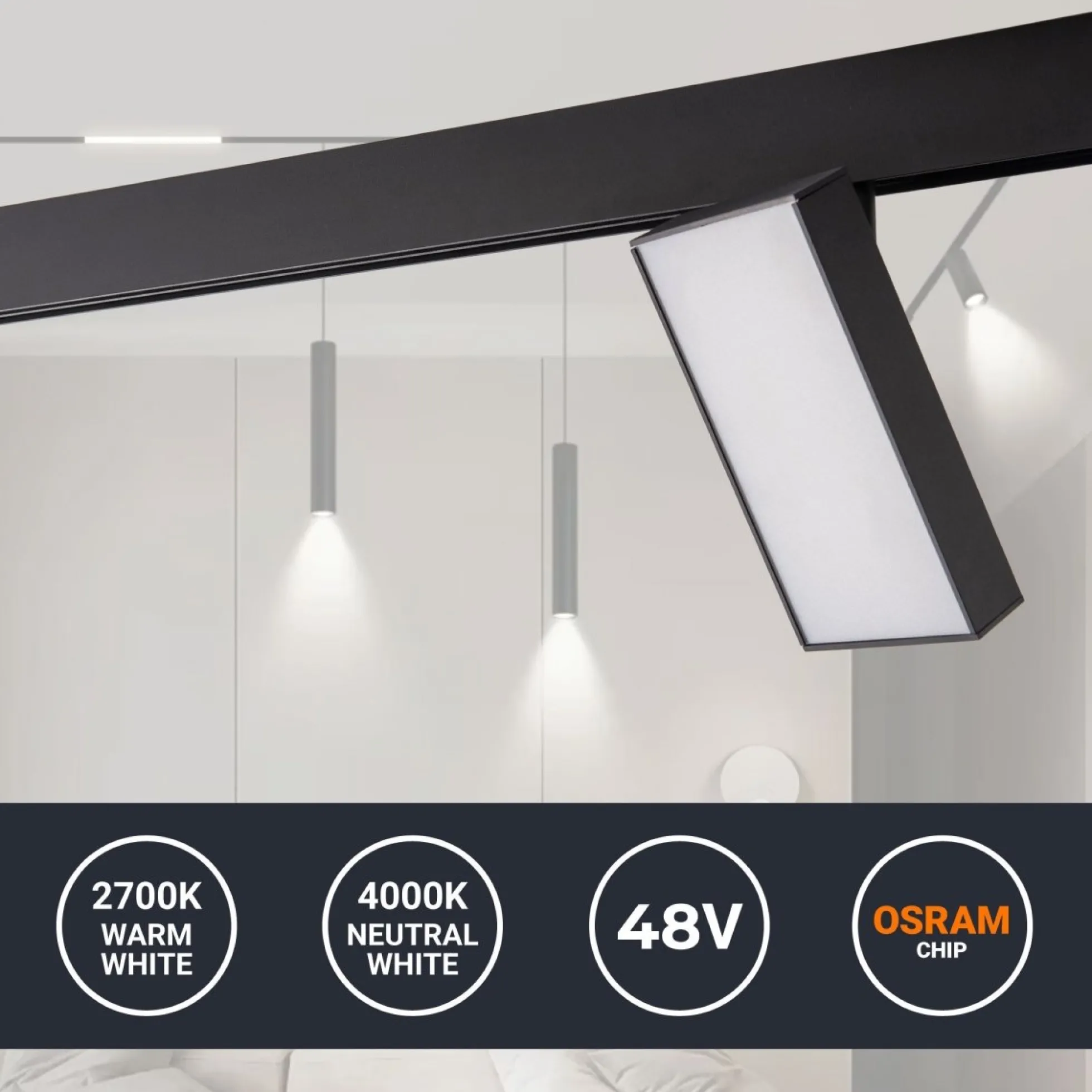 Luminaria cuadrada LED para carril magnético 48V - 18W - CRI90 - OSRAM