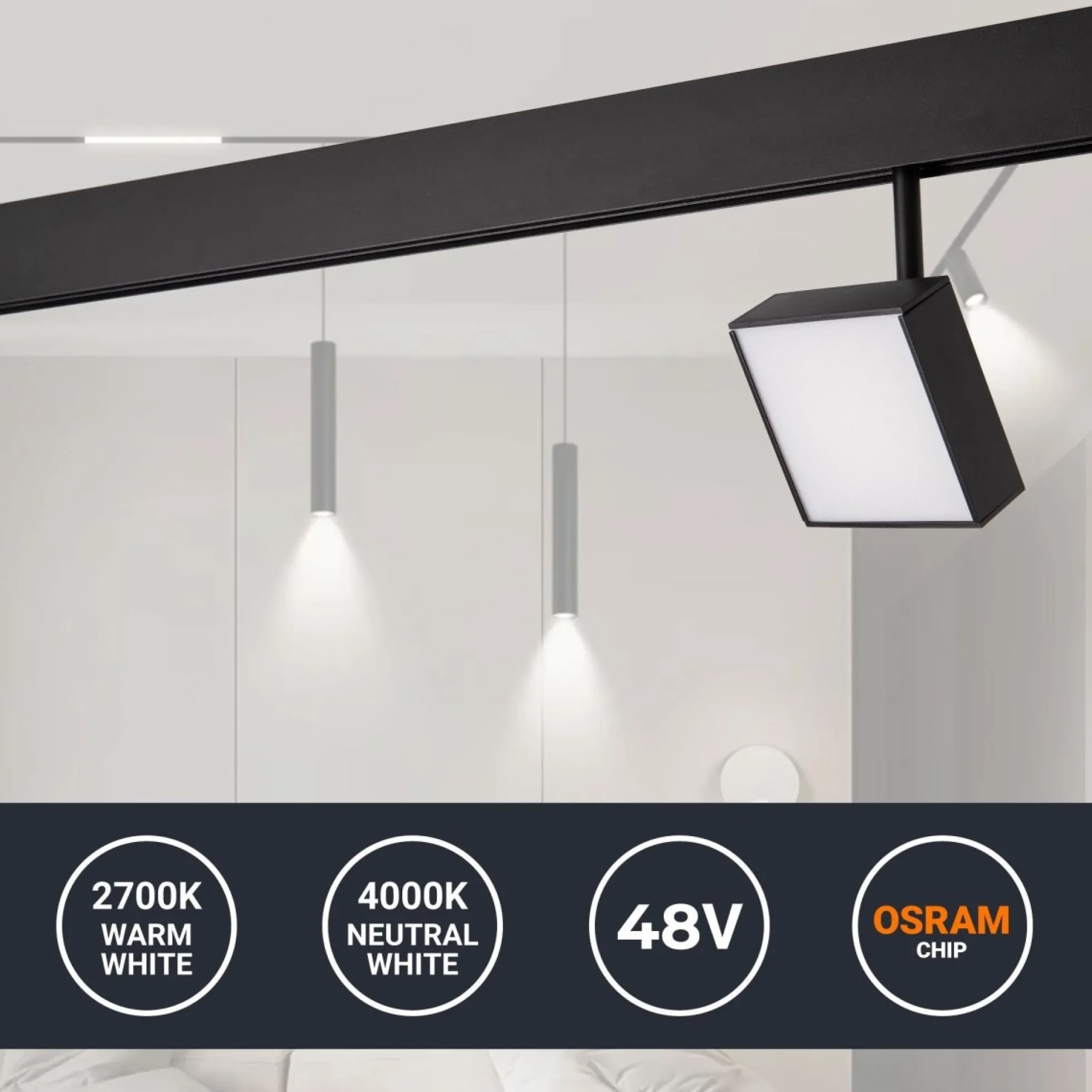 Luminaria cuadrada LED para carril magnético 48V - 9W - CRI90 - Chip OSRAM