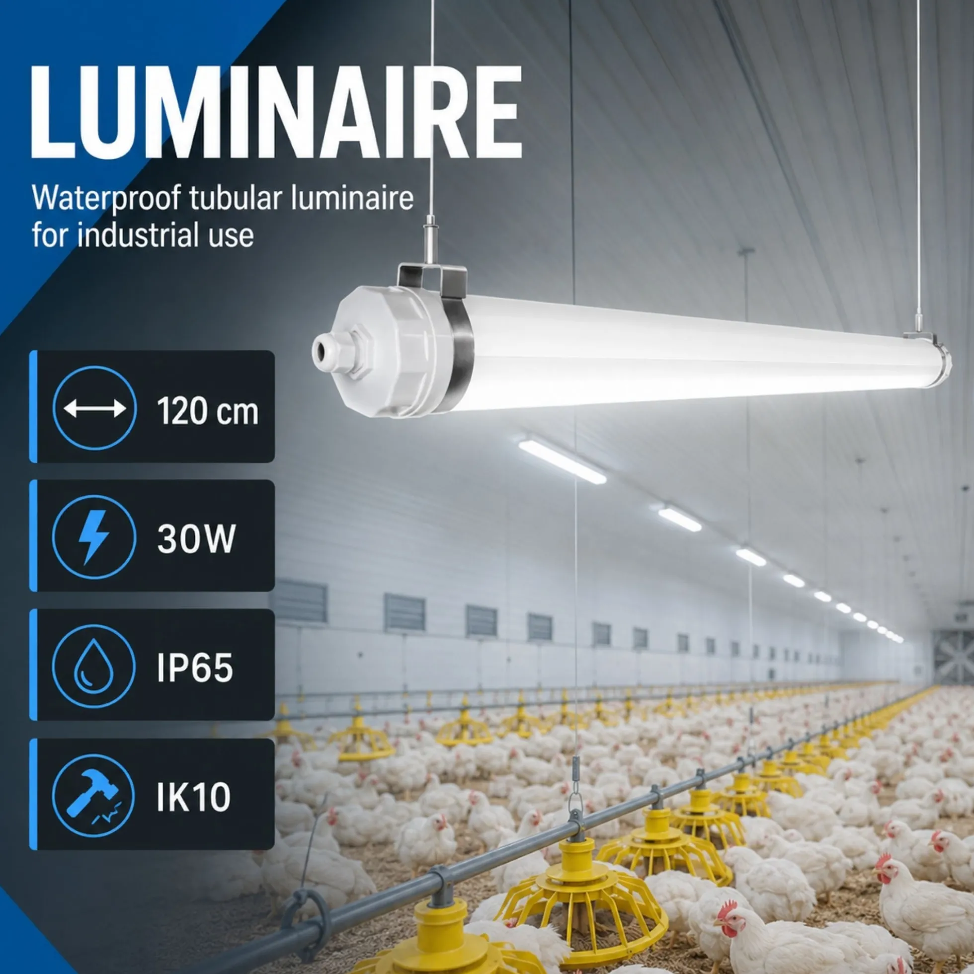 Luminaria estanca tubular para uso industrial - 120cm - 30W - IP65 - IK10