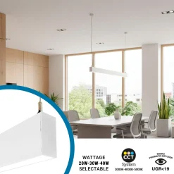 Luminaria lineal LED CCT - Bidireccional - Suspensión - Potencia ajustable 20W/30W/40W - 120cm - UGR 19