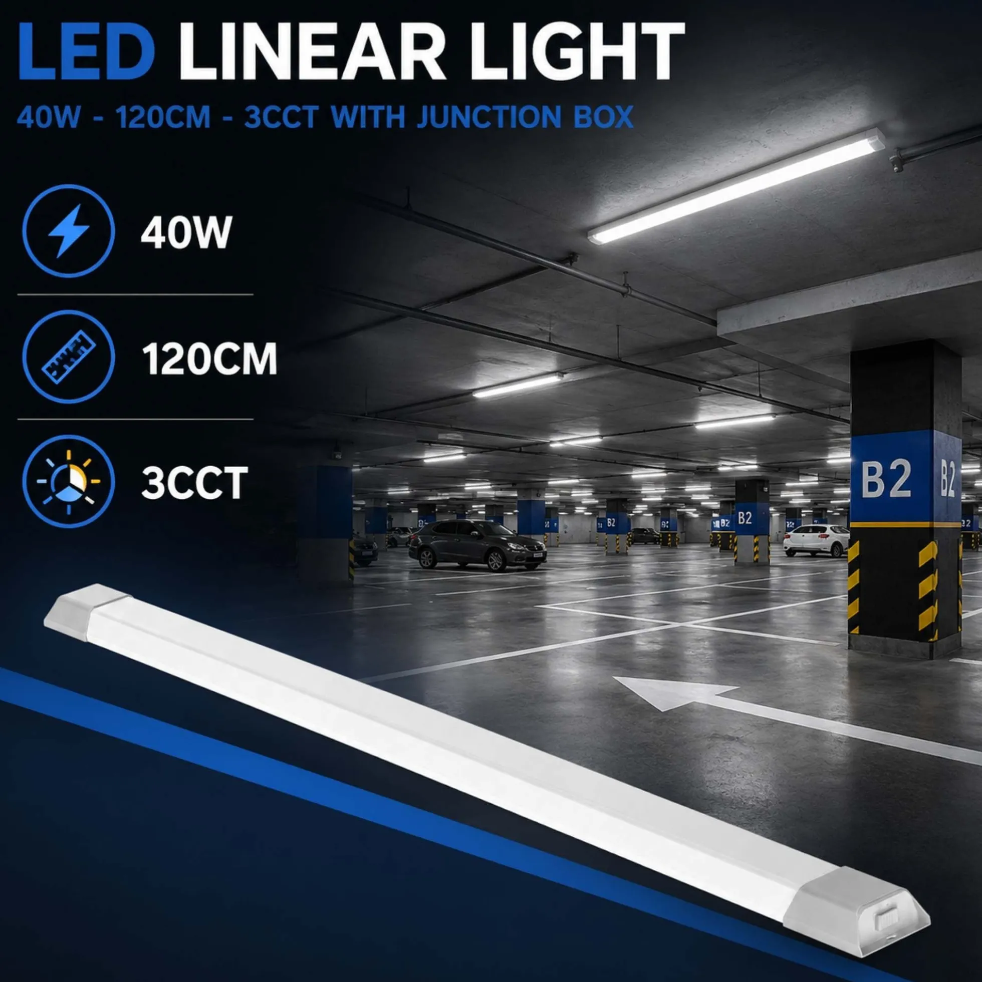 Luminaria lineal LED con caja de empalme - 3CCT - 40W - 120cm