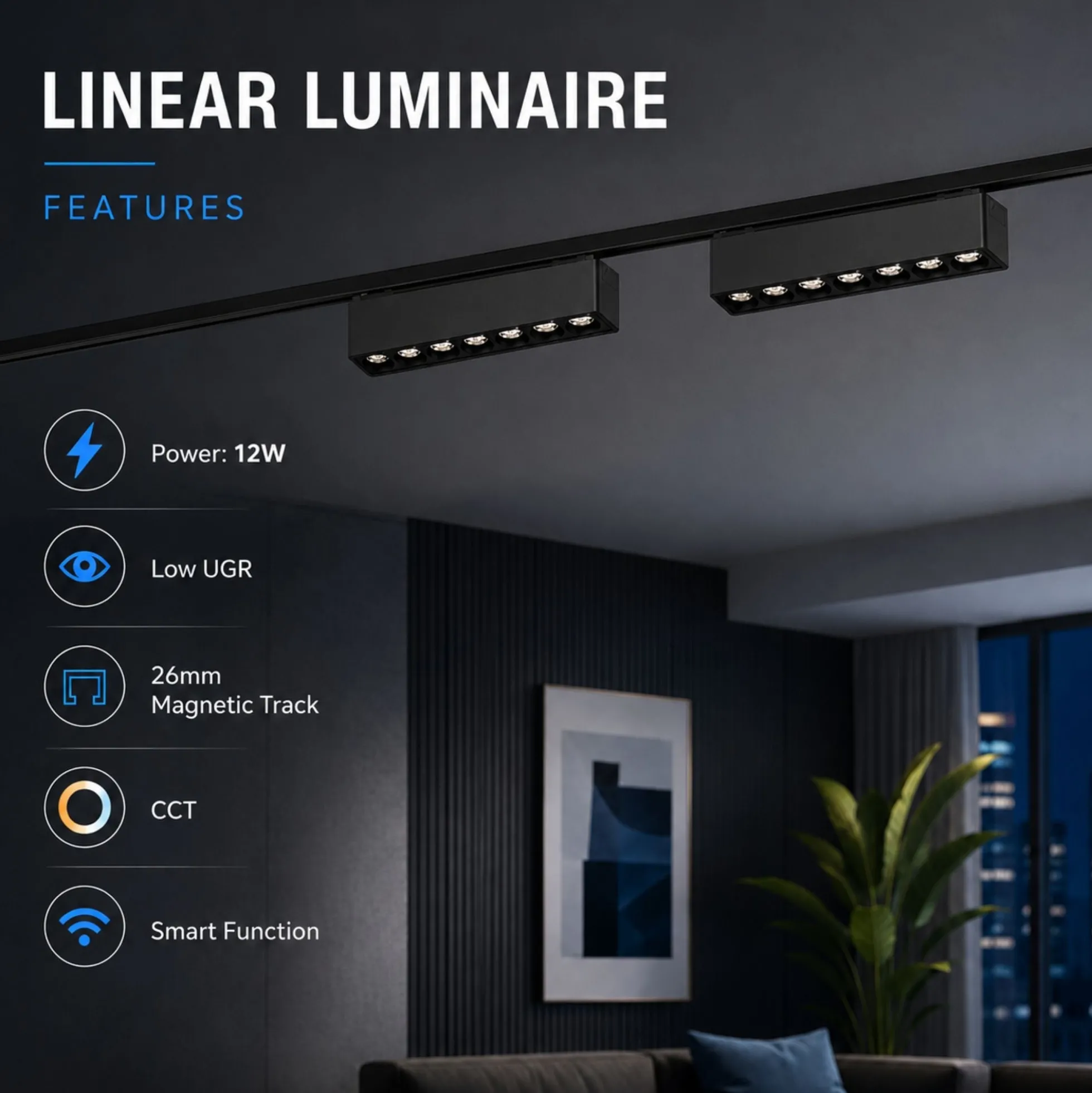 Luminaria lineal para carril magnético - 12W - 26mm - CCT + SMART - UGR18 - 48V