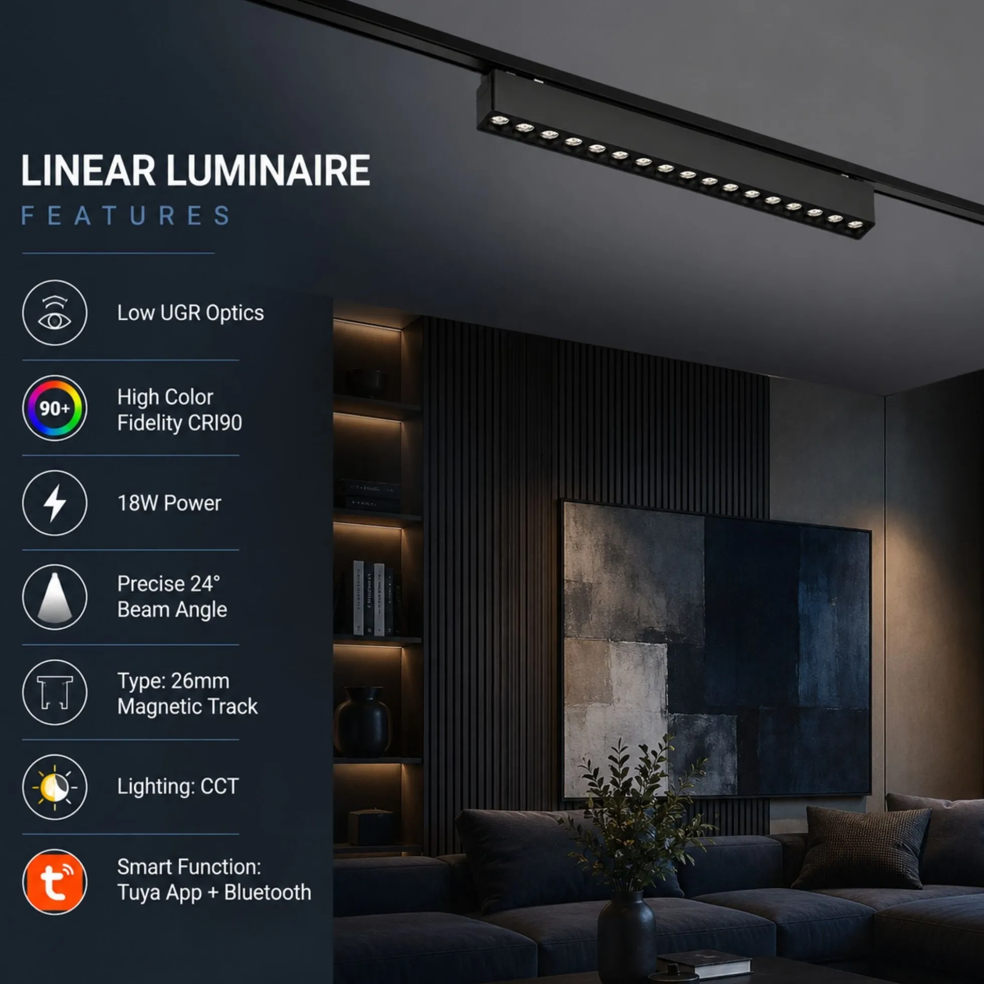 Luminaria lineal para carril magnético - 18W - 26mm - CCT + SMART - UGR18 - 48V
