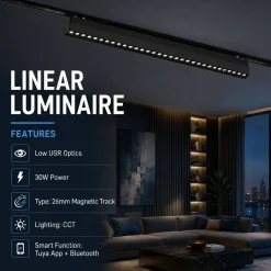 Luminaria lineal para carril magnético - 30W - 26mm - CCT + SMART - UGR18 - 48V