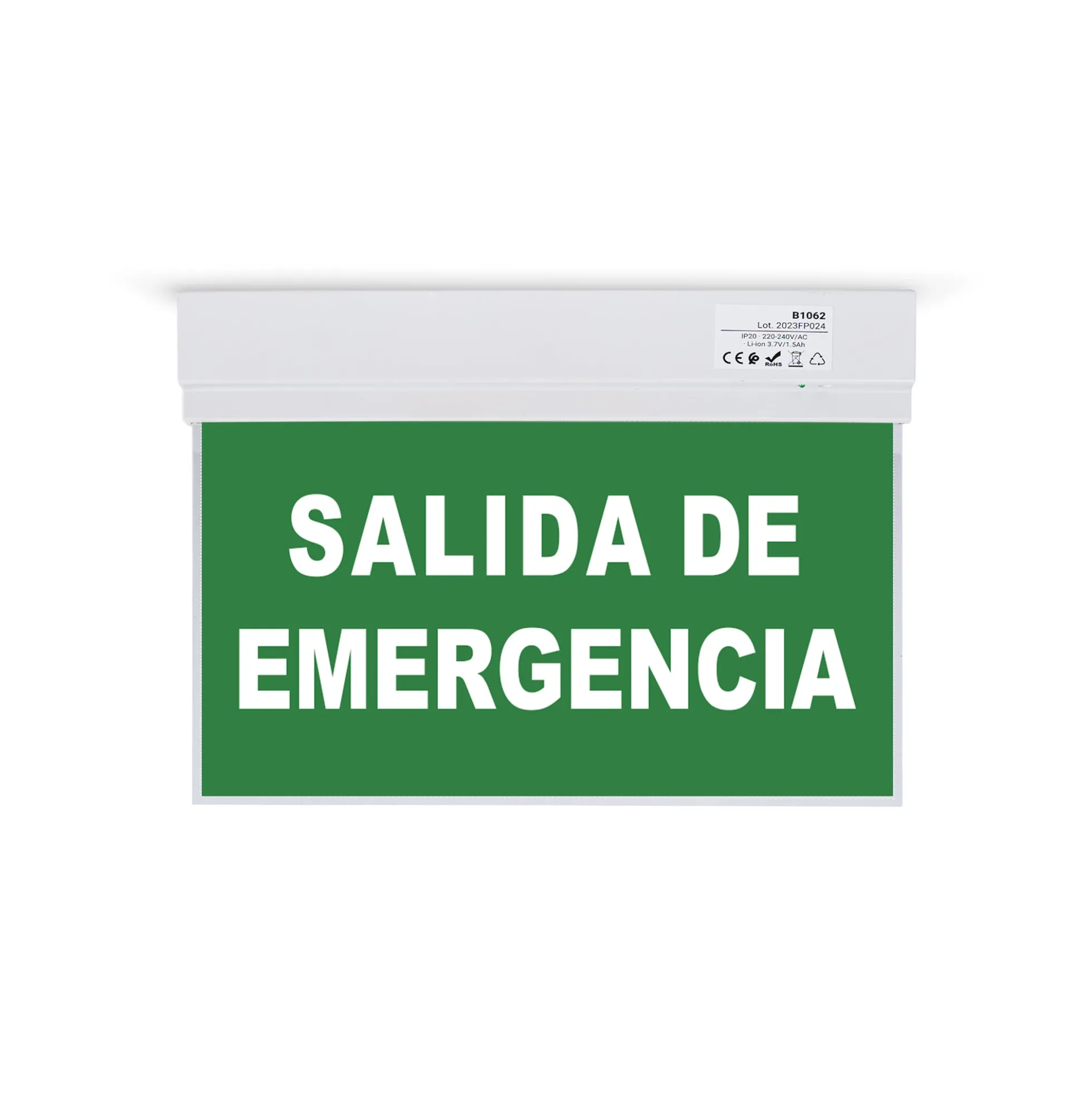 Luz de emergencia permanente con cartel "SALIDA DE EMERGENCIA"