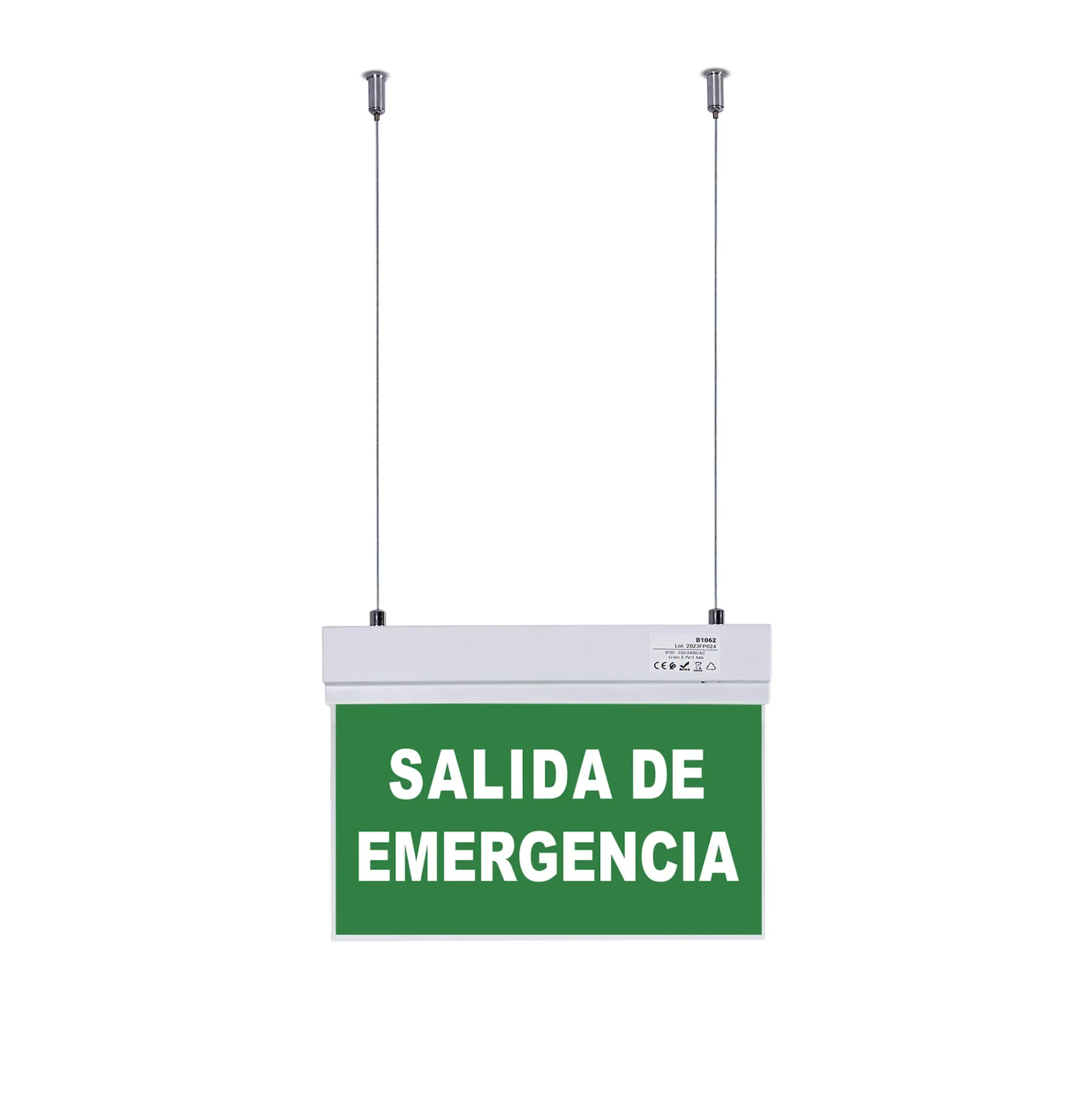 Luz de emergencia permanente con cartel "SALIDA DE EMERGENCIA" - Suspensión