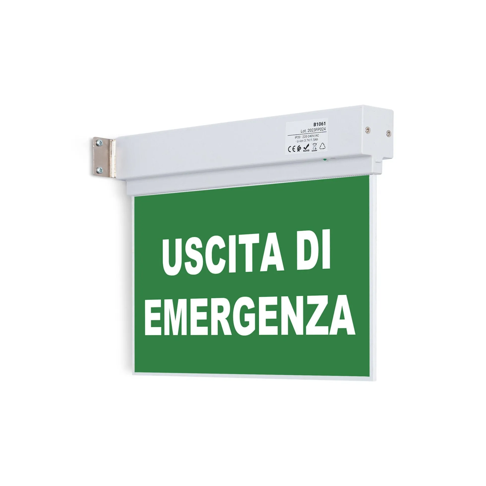 Luz de emergencia permanente con cartel "Uscita di emergenza"