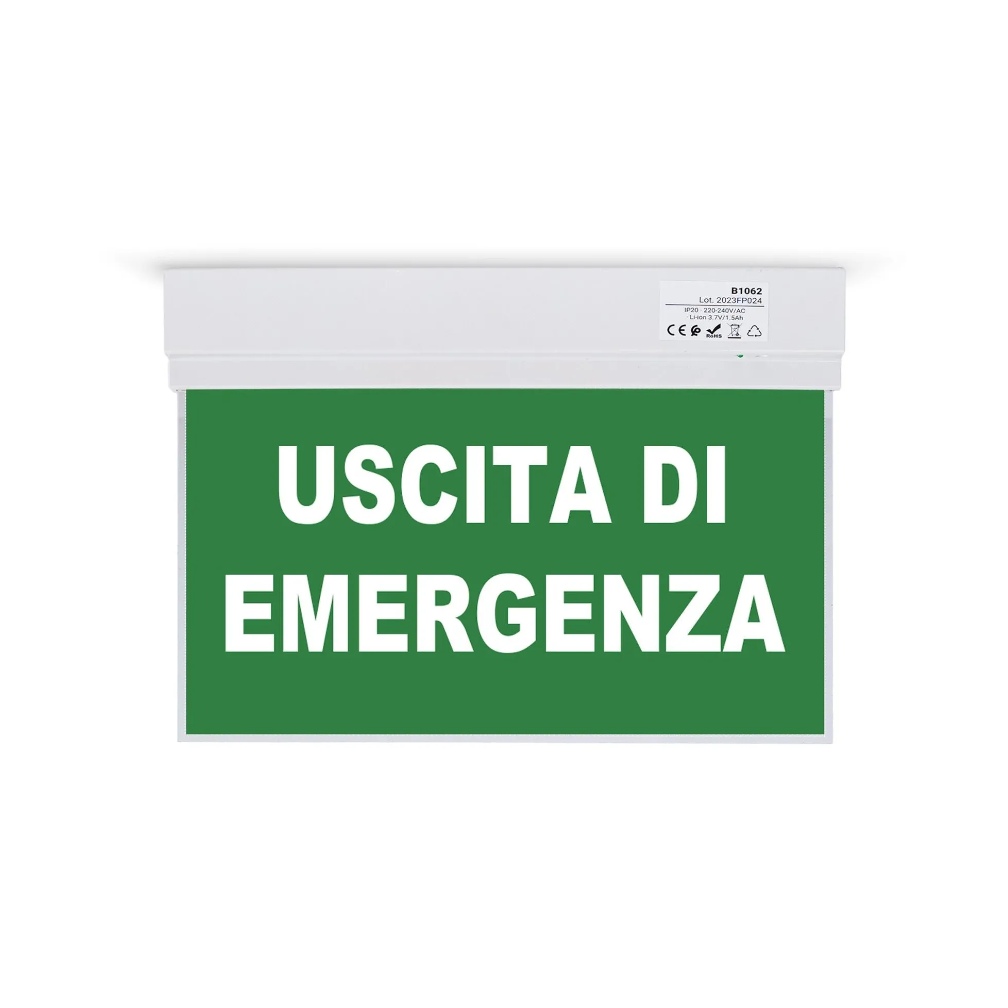 Luz de emergencia permanente con cartel "Uscita di emergenza"