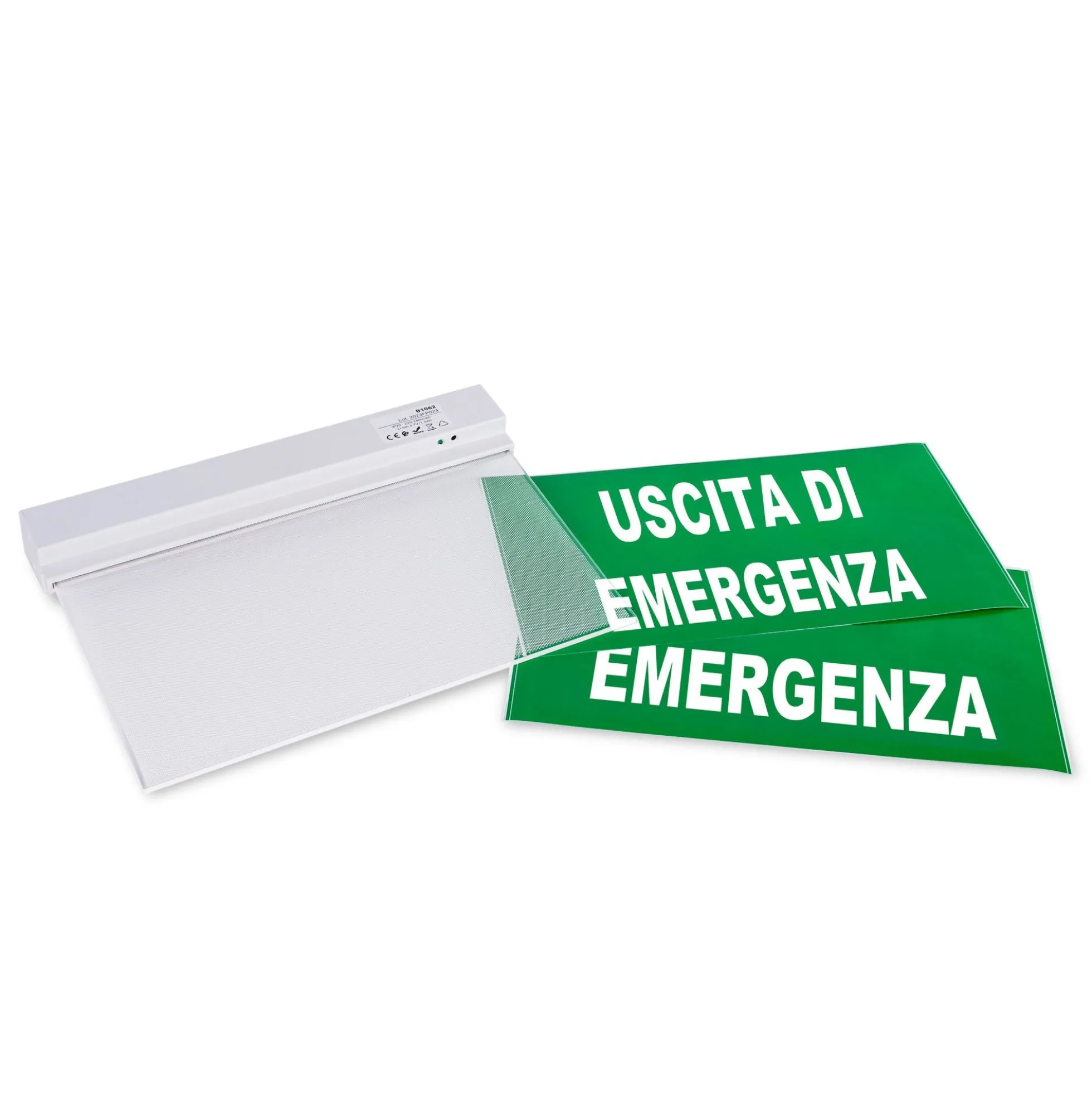 Luz de emergencia permanente con cartel "Uscita di emergenza"