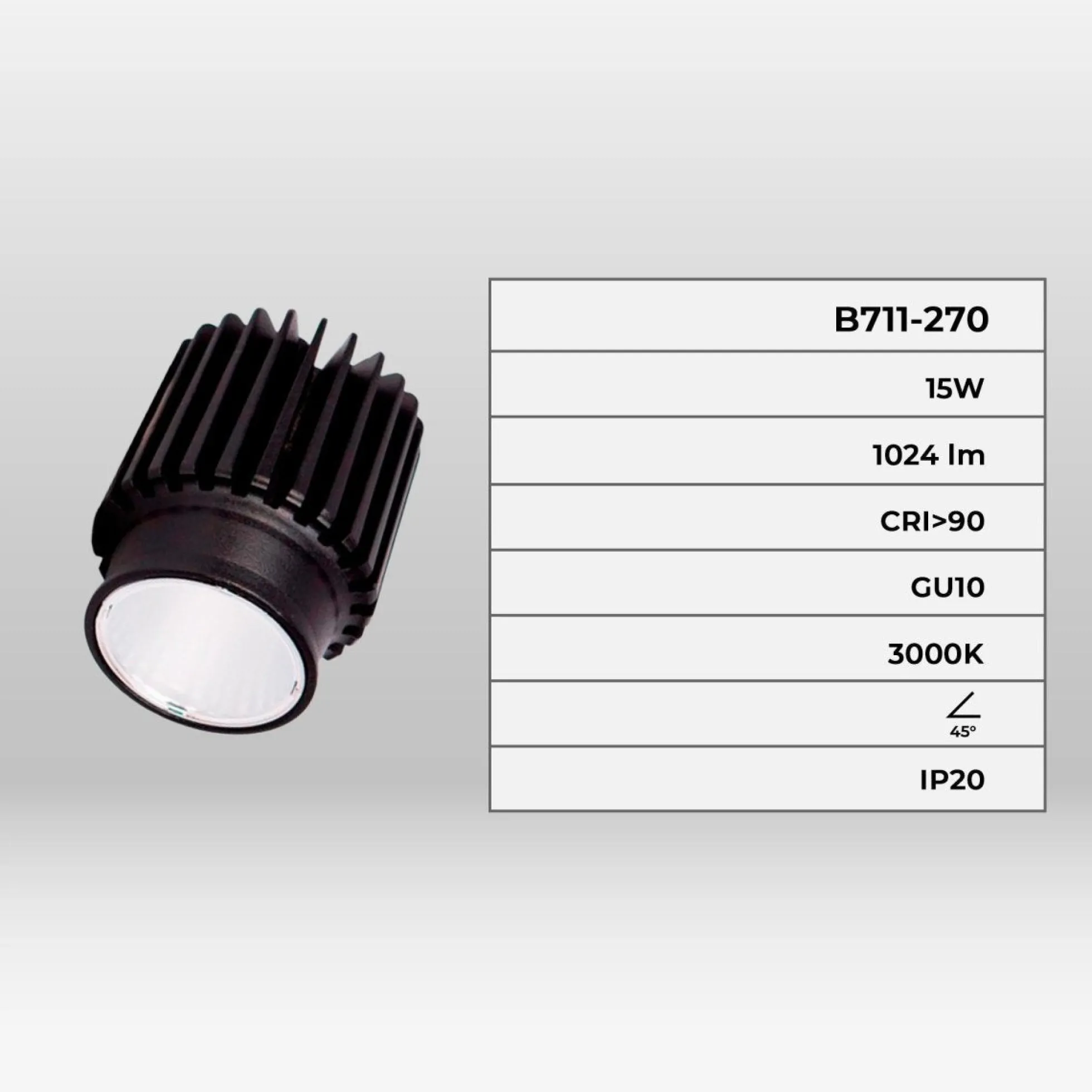 Módulo LED 15W para aro downlight MR16/GU10 - 45º - CRI 90