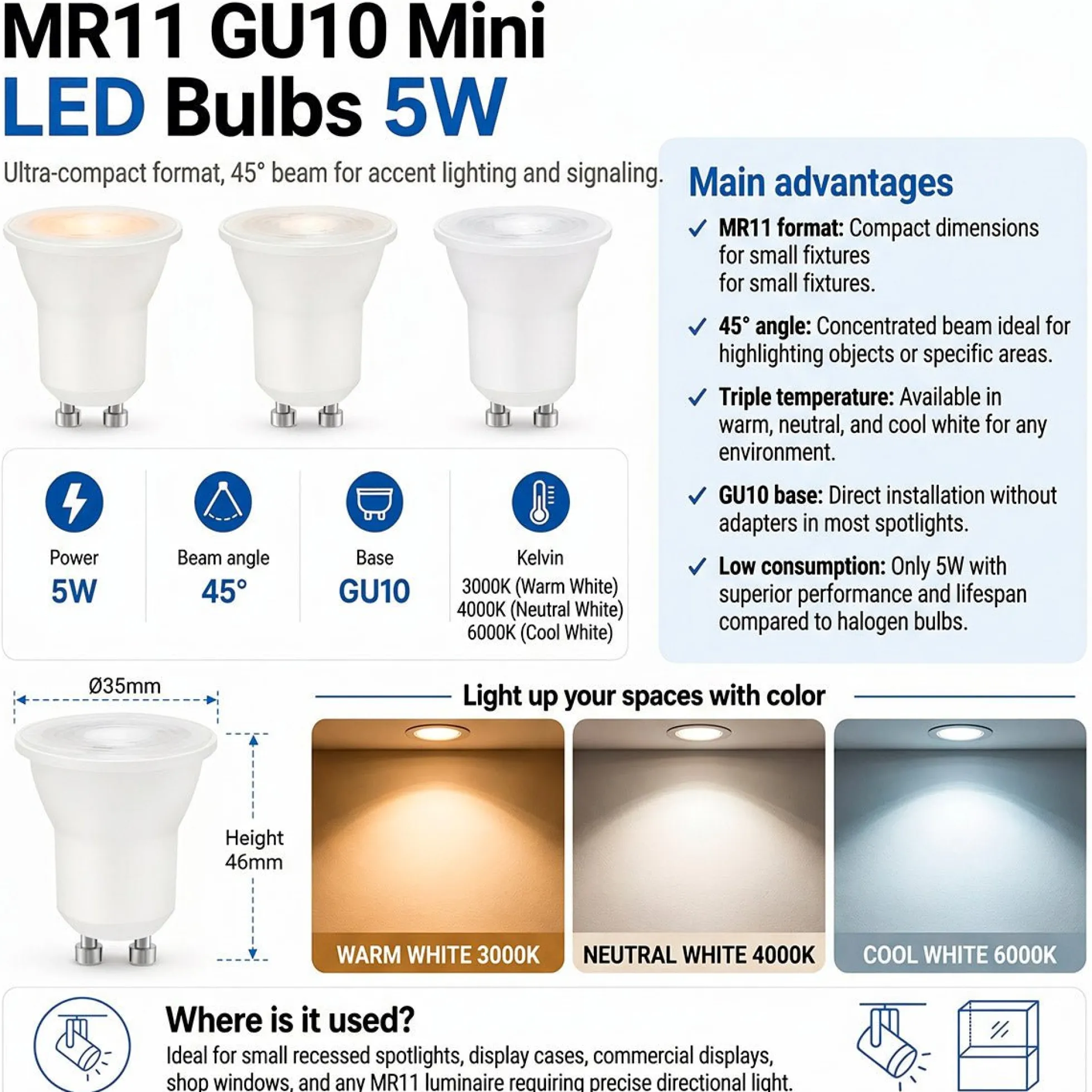 Mini Bombilla LED - MR11 GU10 - 5W - 45º