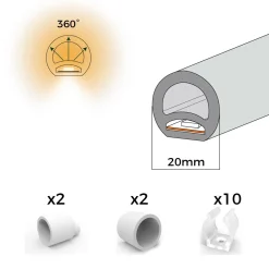 Neón LED flexible circular - 24V DC - Instalación sobre superficie - Ø20mm - 5 metros - 13W/m - Kit completo -  IP67
