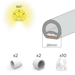 Neón LED flexible circular - 24V DC - Instalación sobre superficie - Ø20mm - 5 metros - 13W/m - Kit completo -  IP67
