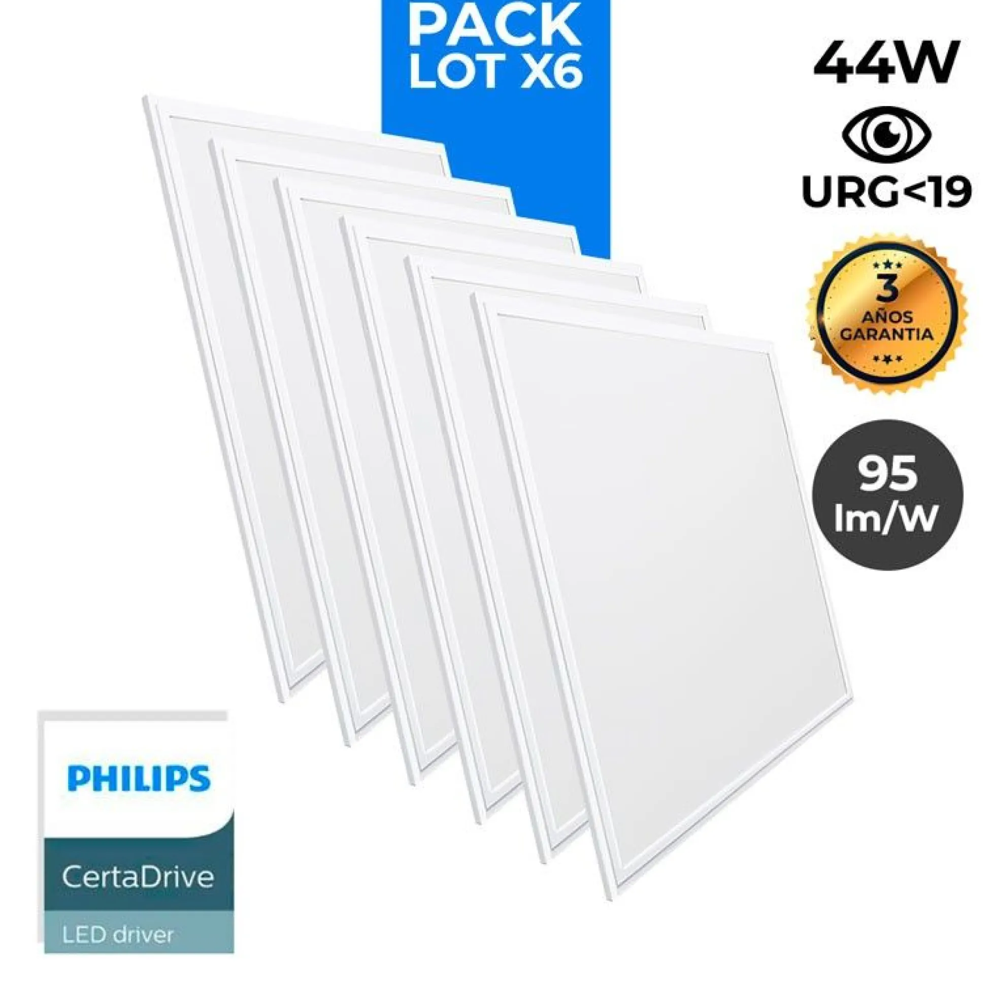 Pack de 6 paneles LED slim 60X60 cm - Driver Philips - 44W - UGR19 - IP40