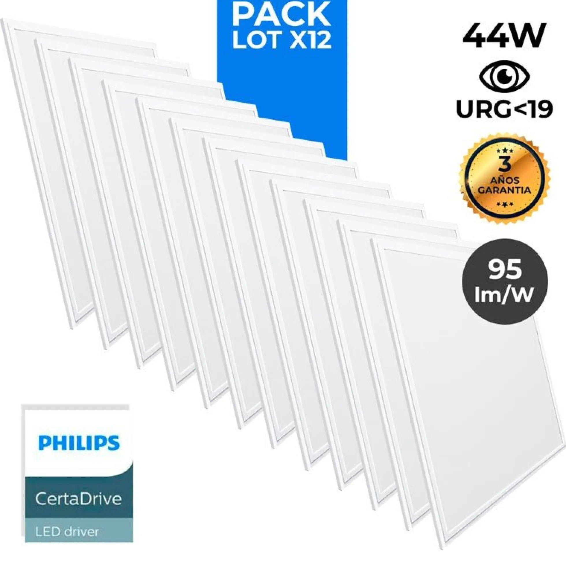 Pack de 12 paneles LED slim 60X60 cm - Driver Philips - 44W - UGR19 - IP40
