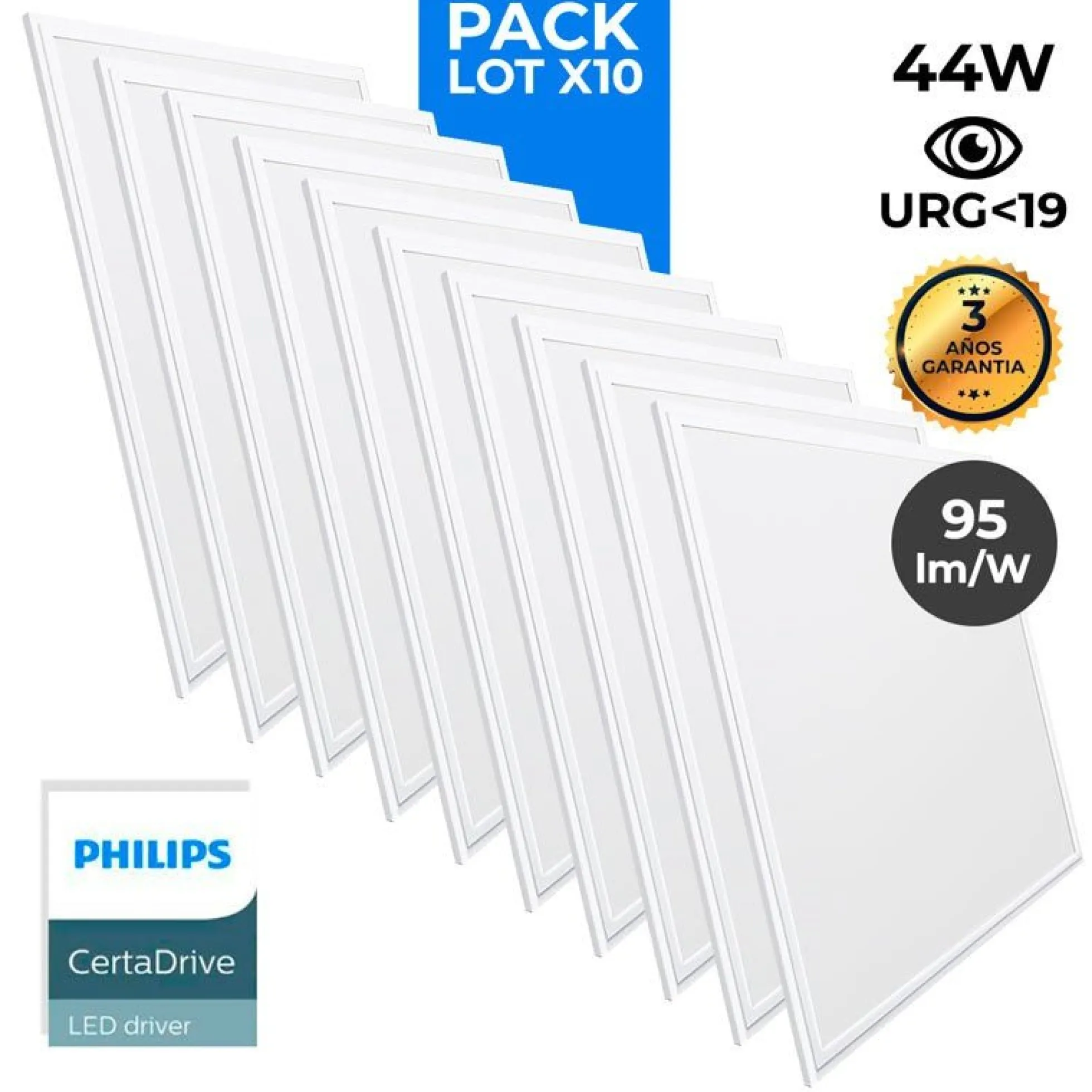 Pack de 10 paneles LED slim 60X60 cm - Driver Philips - 44W - UGR19 - IP40