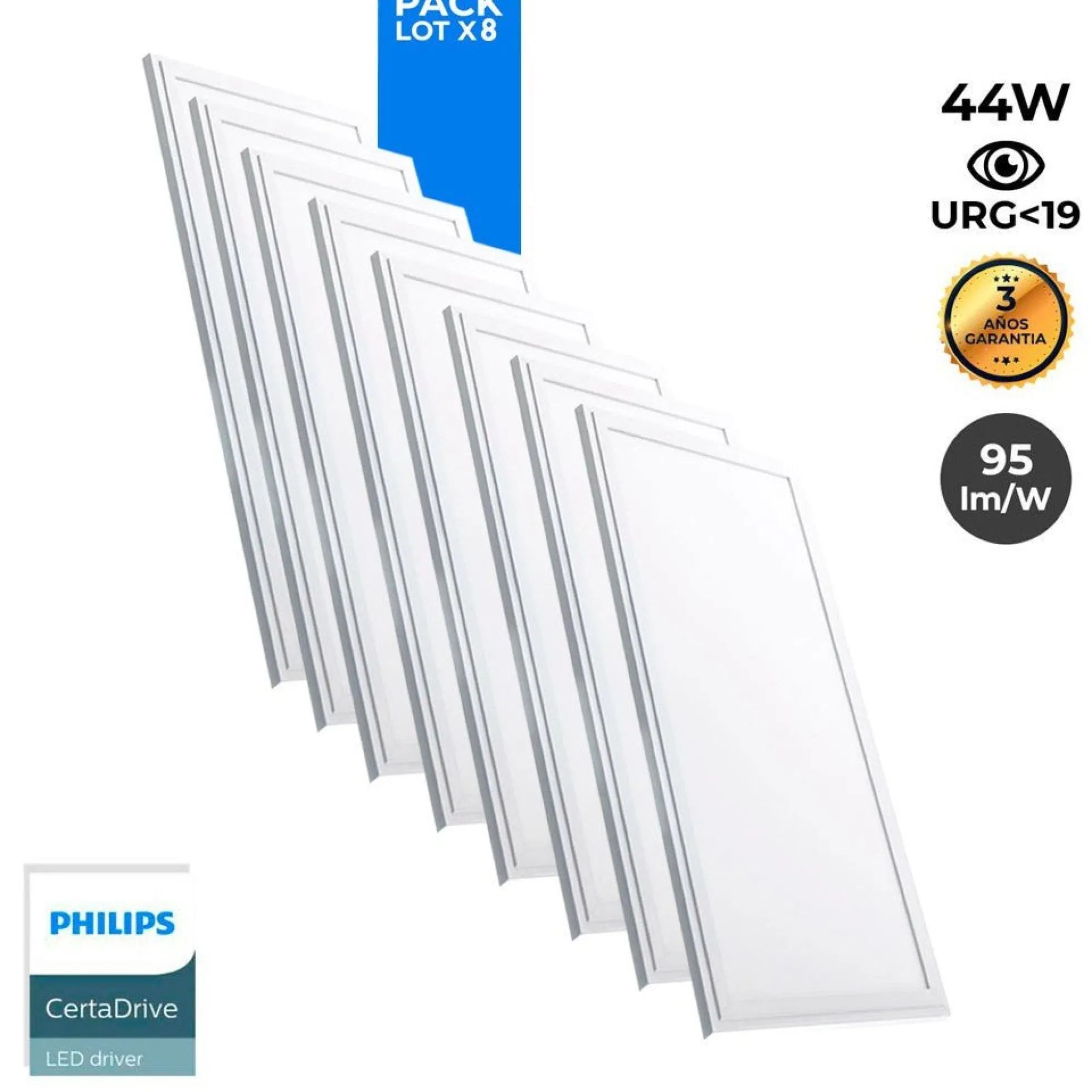Pack de 8 paneles LED slim 120X30 cm - Driver Philips - 44W - UGR19 - IP40