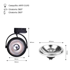 Pack Foco LED de carril monofásico + Bombilla LED AR111 GU10