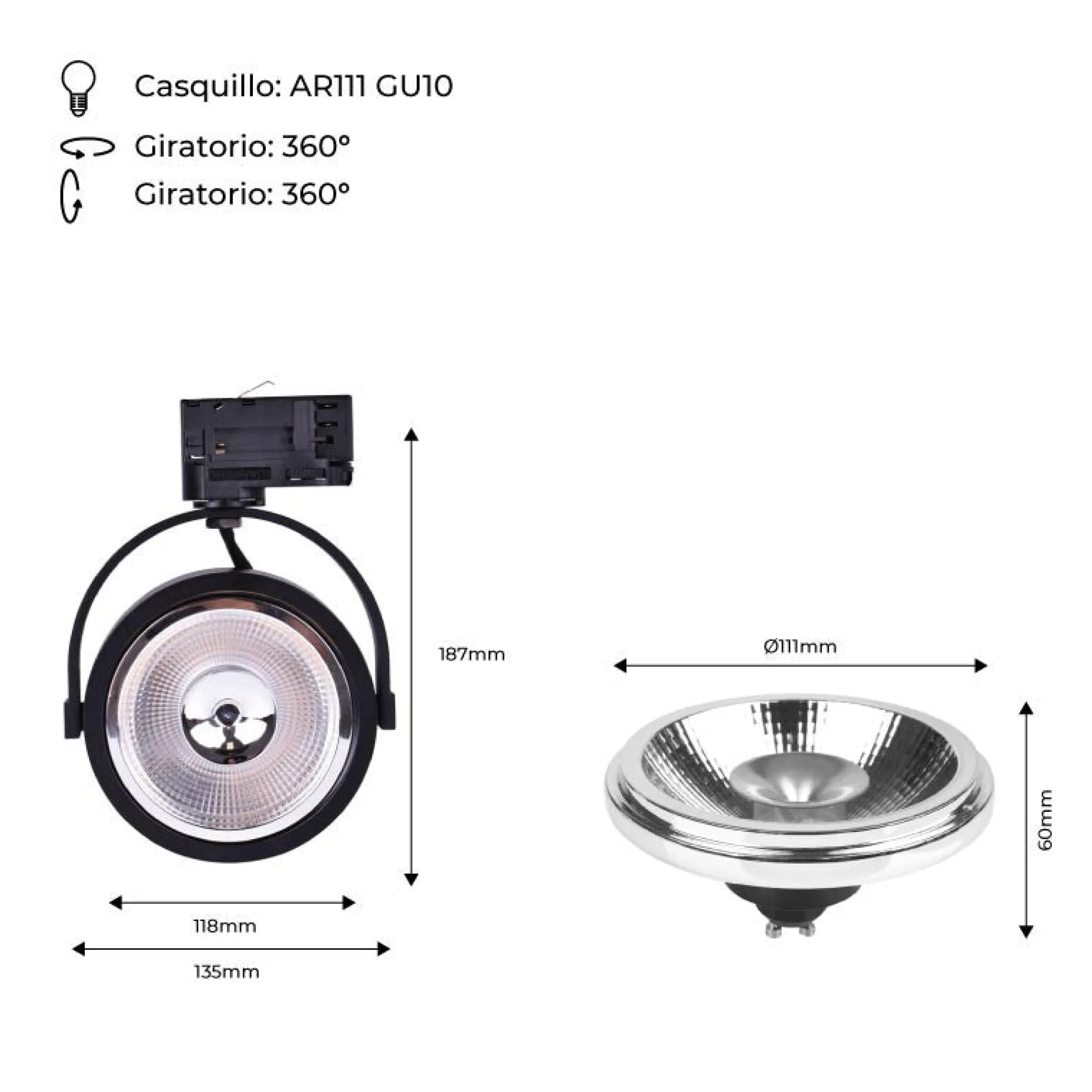 Pack Foco LED de carril trifásico + Bombilla LED AR111 GU10