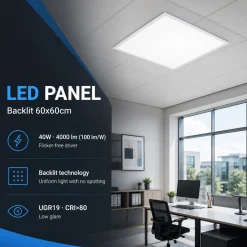 Panel LED Backlit 60x60cm - 40W - 100lm/W - Driver flicker free - UGR19 - IP40 - KIT DE MONTAJE