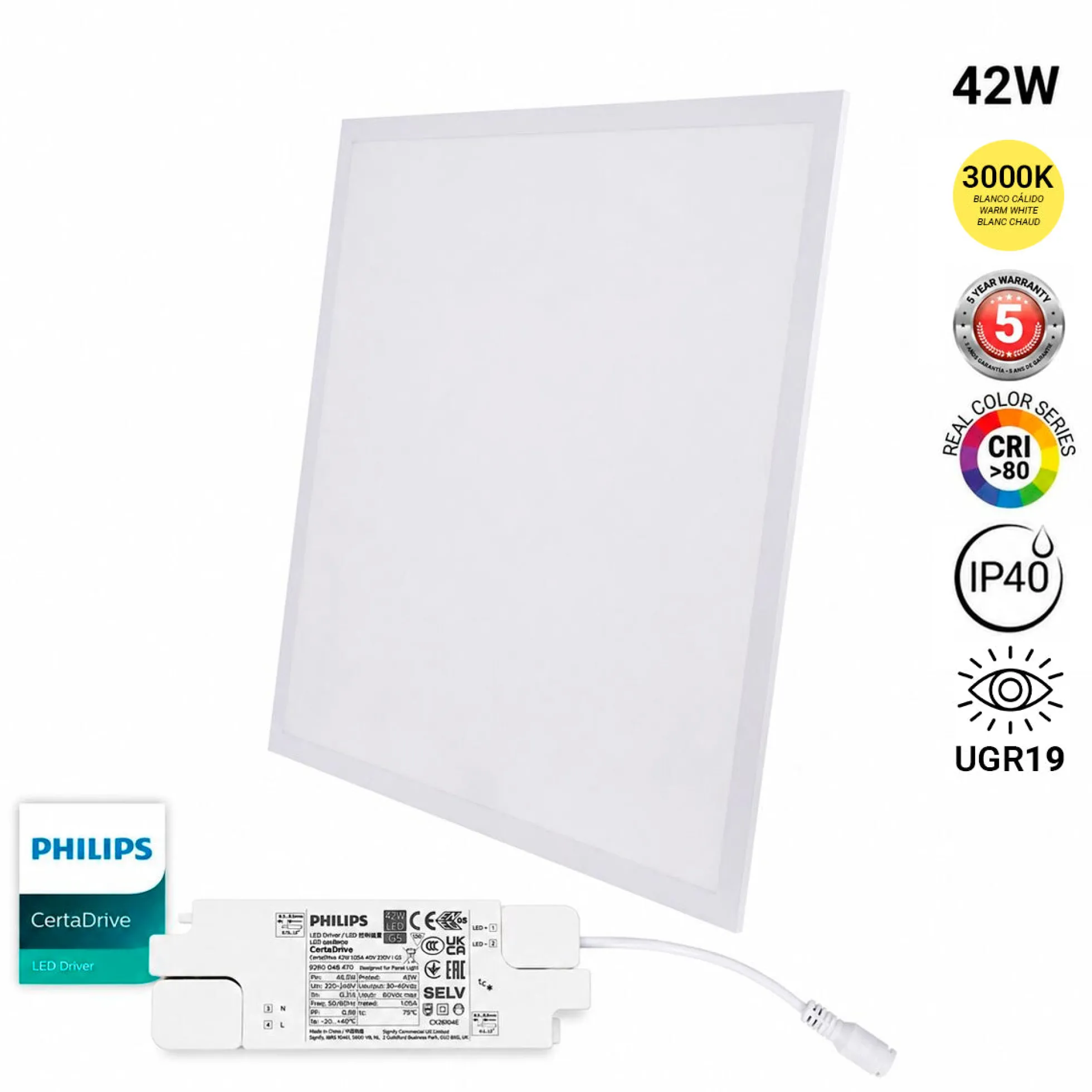 Panel LED empotrable Backlight 60x60cm - 42W - 5040lm - Driver Philips - UGR19 - IP40