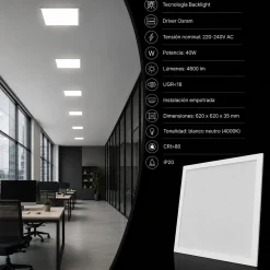 Panel LED empotrable Backlight 62x62cm - 4800lm - Driver Osram- 40W - UGR18 - IP20