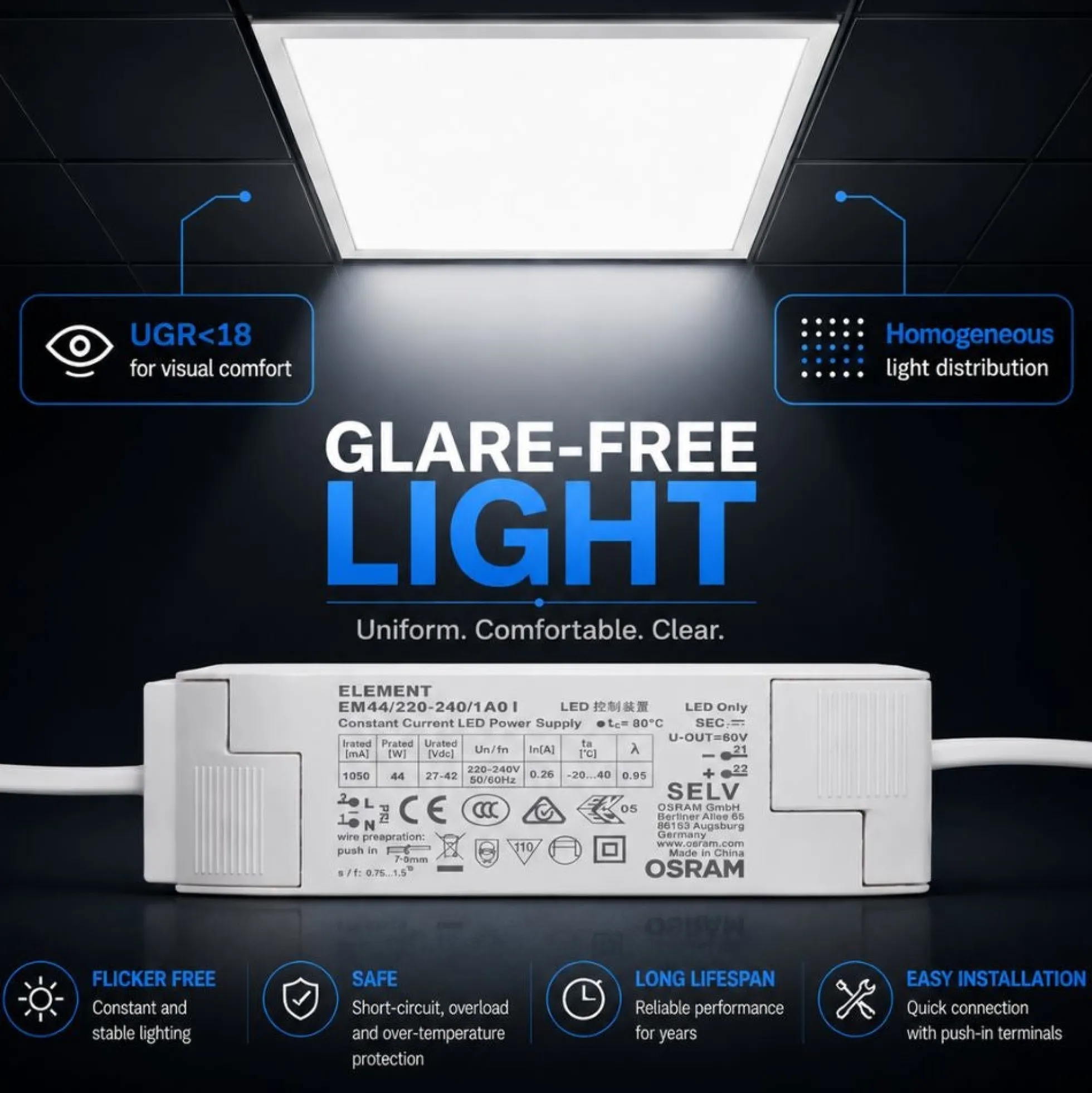 Panel LED empotrable Backlight 62x62cm - 4800lm - Driver Osram- 40W - UGR18 - IP20