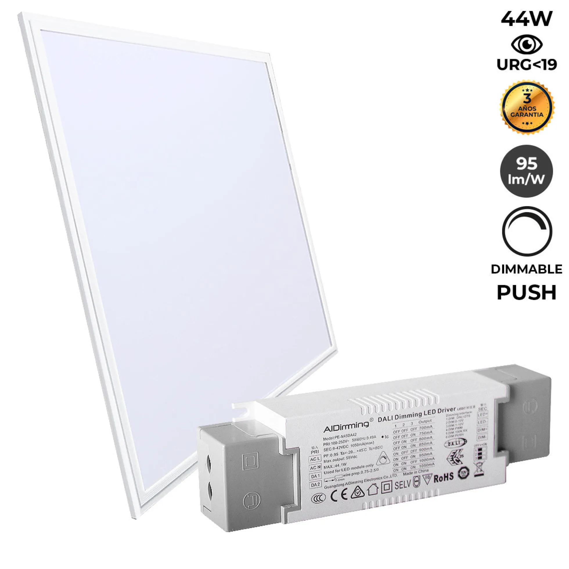 Panel LED empotrable 60X60cm - PUSH regulable - 44W - UGR19 - IP40
